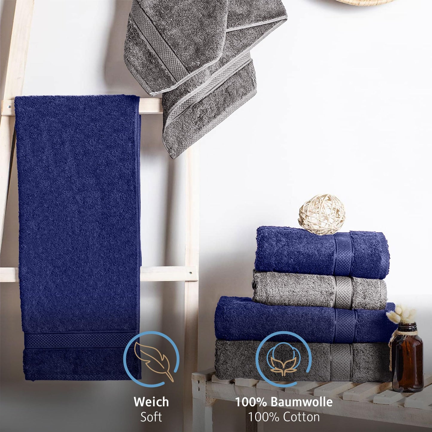 Komfortec set of 8 towels, 4 bath towels 70x140 cm & 4 hand towels 50x100 cm, 100% cotton terry cloth, fluffy and absorbent, anthracite gray/navy blue - 4er-50x100-und-4er-70x140-anth-navy