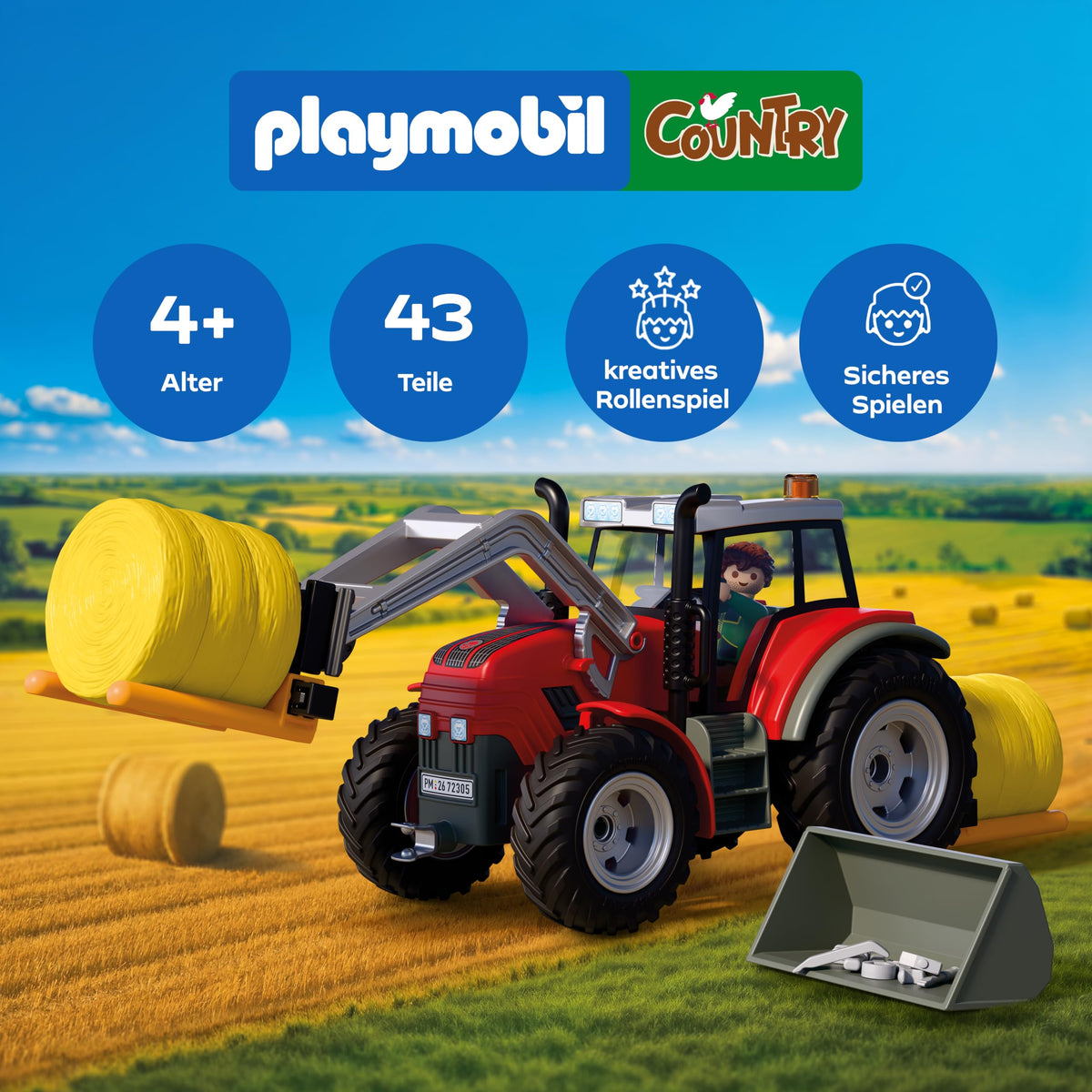 PLAYMOBIL | Țară | Tractor mare cu baloturi de fân | Tractor puternic cu încărcător frontal, baloturi rotunde și set de unelte | Pentru copii de la 4 ani | 72305