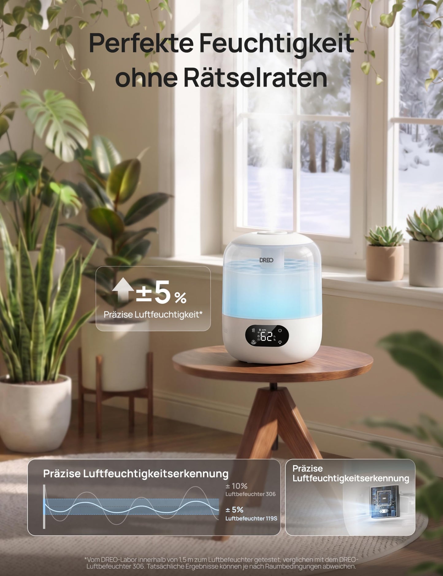 DREO humidifier bedroom, ultrasonic cold mist with WiFi/app control, humidity sensor, RGB ambient light, 3L water tank, easy cleaning, up to 30 hours running time - DR-HHM006S