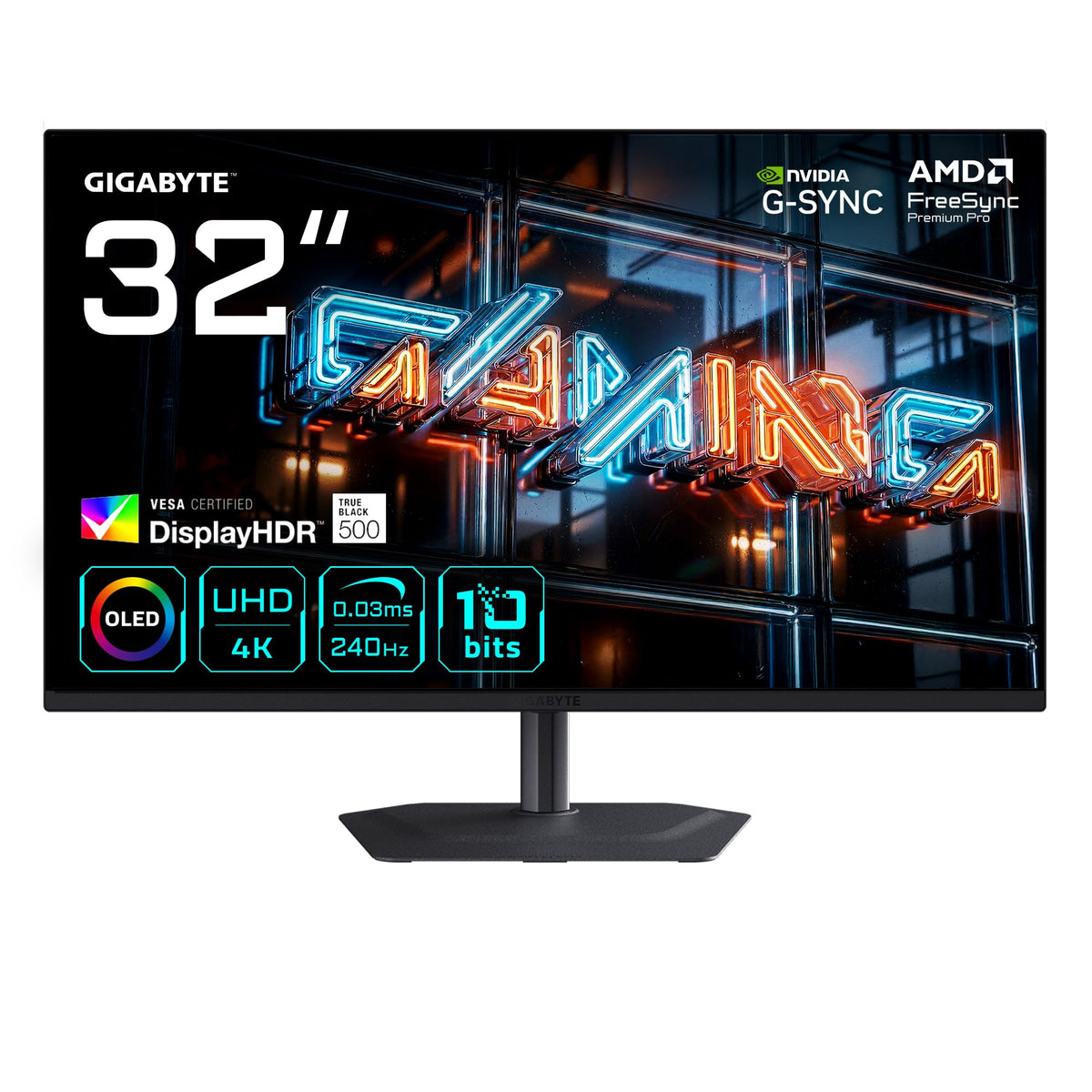 Gigabyte MO32U24 32” OLED 4K UHD Gaming-Monitor - 3840 x 2160, 240Hz, 0.03ms, 300 cd/m², G-Sync Compatibil, FreeSync Premium Pro, Display HDR True Black 500, HDMI 2.1, DisplayPort 1.4