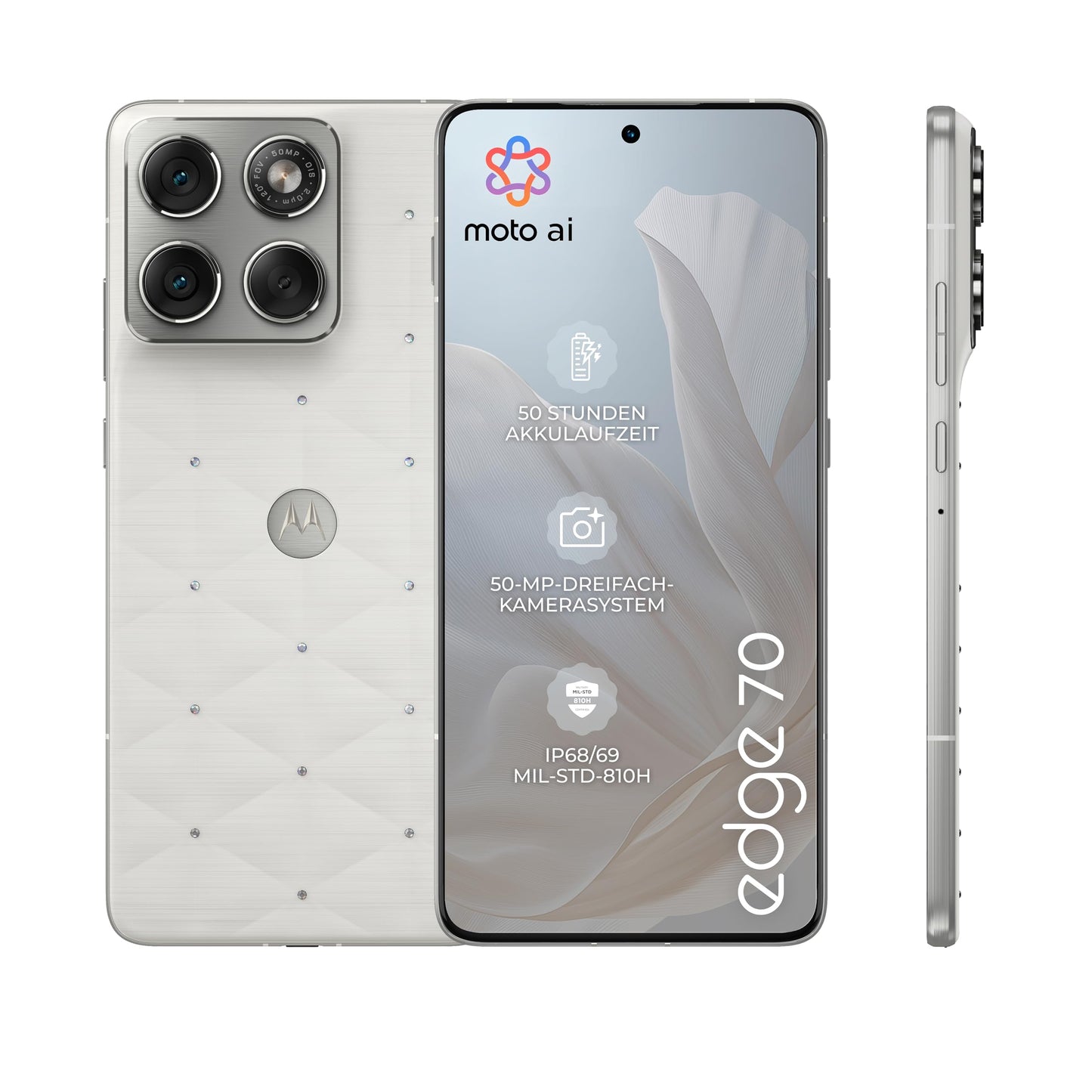 Motorola Edge 70 smartphone (rugged 6.67" pOLED display with Gorilla Glass 7i, 50 MP camera, 12-512 GB, water and heat resistant, 68W TurboPower charging), Pantone Cloud Dancer, incl. magnetic cover - motorola