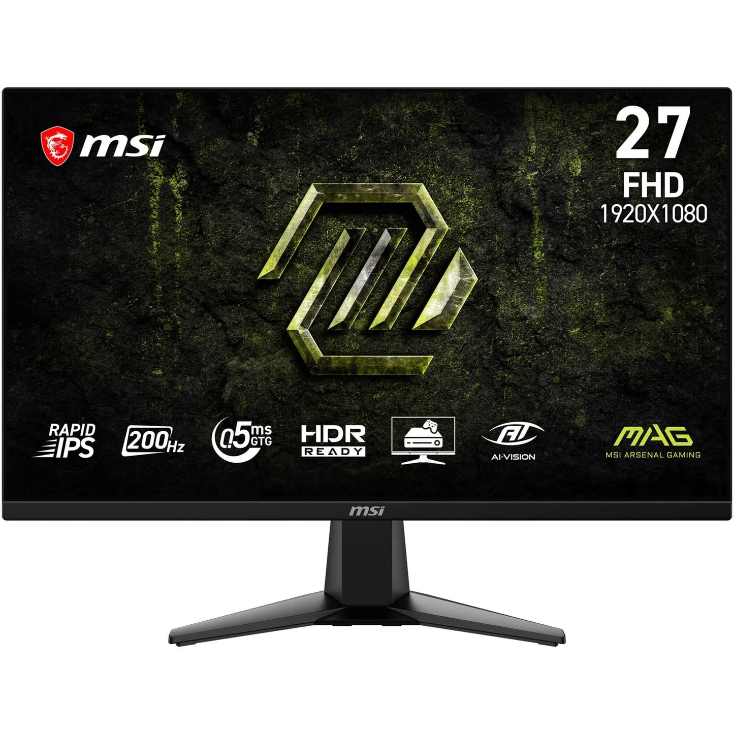 MSI MAG 275FA E20 27" FHD Gaming Monitor, 1920 x 1080 Rapid IPS, 200 Hz, 0.5 ms, HDR Ready, AMD FreeSync Premium, Eye Care, AI Vision, HDMI 2.0b, DP 1.2a, Frameless, VESA Mount, Black - 4711377402385