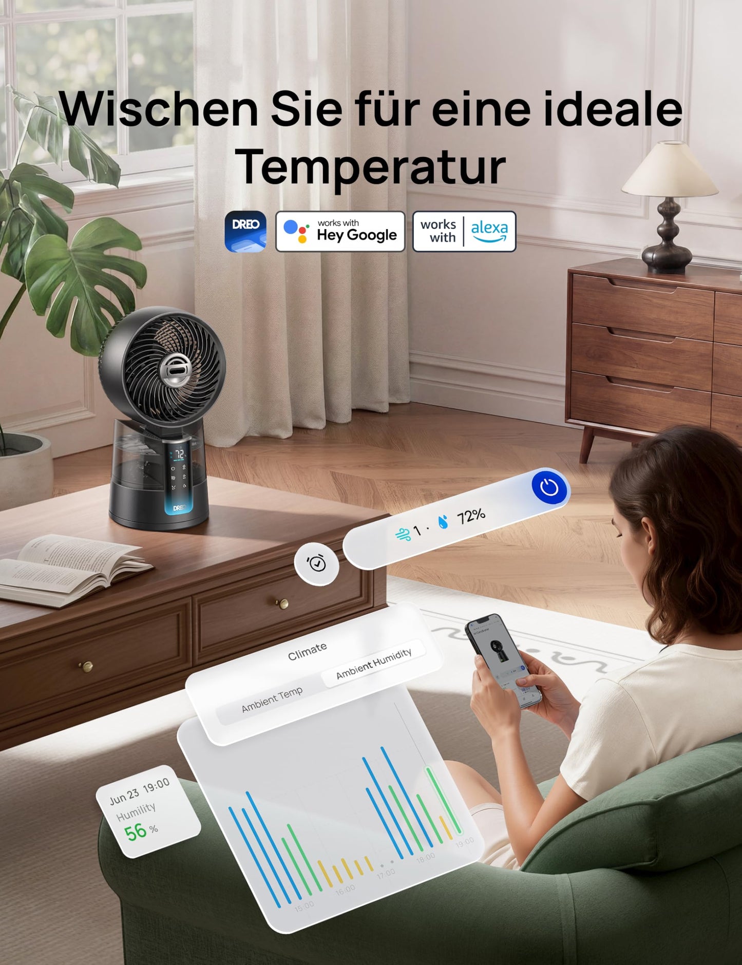 DREO TurboCool Mist Fan 516S, table fan with 150°+30° oscillation, evaporative cooler, 7.9 m/s, ultra-fine mist, 20 dB quiet, 6 speeds, 2 modes, app & remote control, RGB, gray - DR-HEC006S
