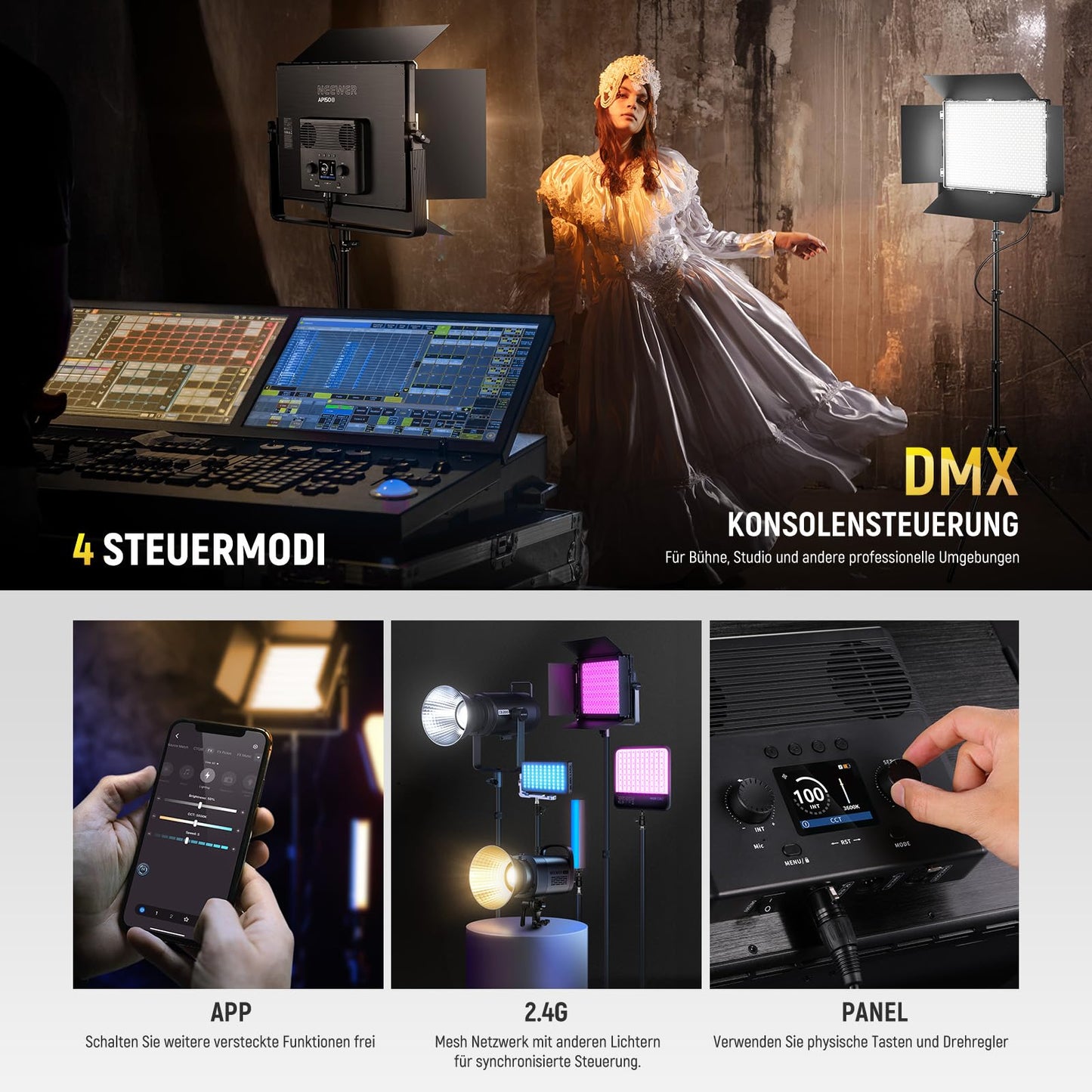 NEEWER 150W two-color LED panel video light set 1440 LEDs 49500 Lux at 0.5m 2500K - 8500K CRI96+/TLCI97+ 0 - 100% dimming function APP/2.4G/Panel/DMX control for professional studio photography AP150B - 10105660