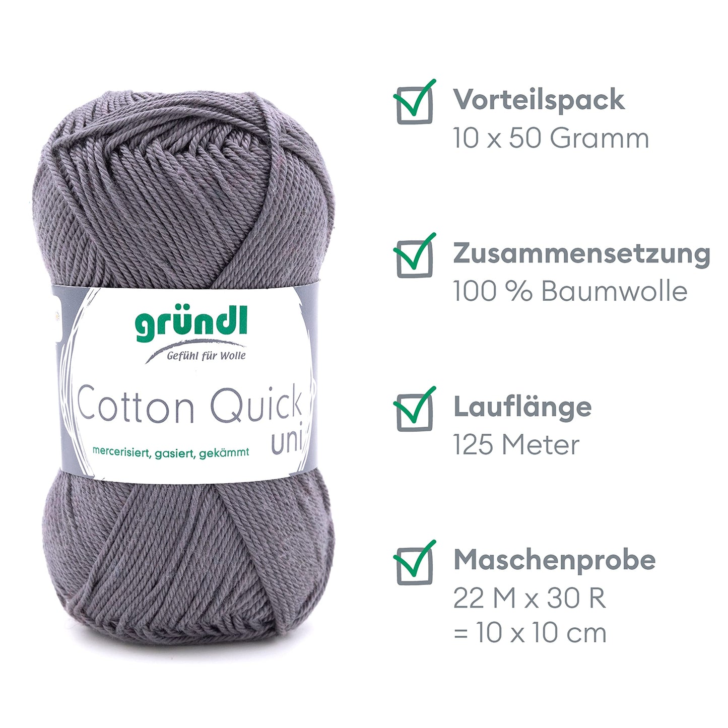 Gründl Wolle Cotton Quick uni - thin wool for crocheting - knitting yarn - crochet yarn - shiny and skin-friendly - 100% cotton - 10 balls 50 g / 125 m - needle size 3-4 - mouse gray - 865-110