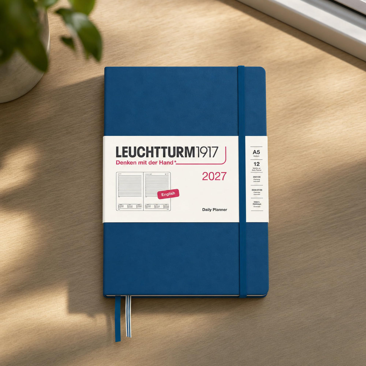 LEUCHTTURM1917 Daily Calendar 2027 Medium (A5) - English, Indigo, 145 x 210 mm, January-December (12 months), 1 page per day, hourly grid 7:00-22:00, hardcover, 80 g/m² paper - 400330