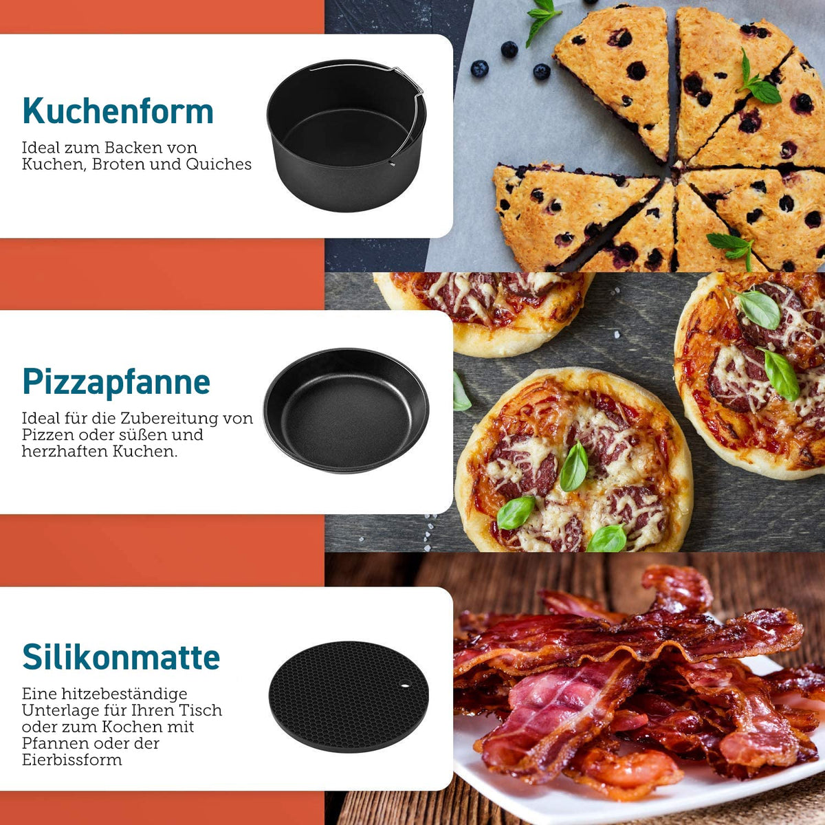 COSORI Air Fryer Accessories, Six-Piece Accessory Set for 5.5L Air Fryers of All Brands, Baking Pan, Pizza Pan, Grill Rack, Steaming Rack, Silicone Mat, Muffin Pan