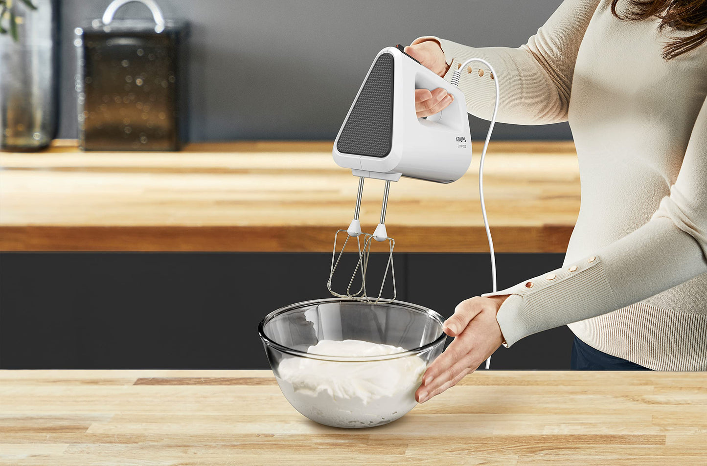 Krups 3 Mix 4000 hand mixer, 450 watts, robust design, variable speed control, turbo and ejection function, including 2 beaters and 2 dough hooks, white/gray, GN4001