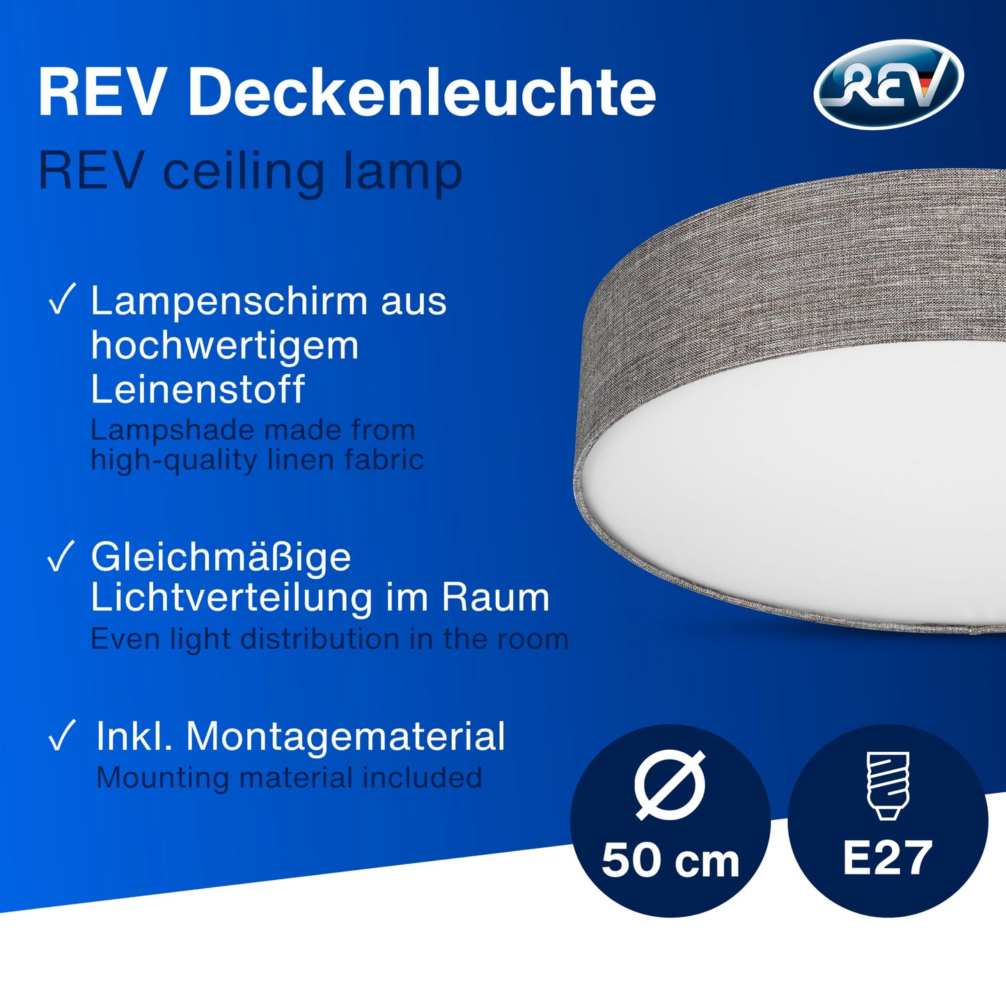 REV ceiling light - ceiling lamp around 50cm with fabric lampshade in a vintage look - ideal for bedrooms and living rooms, brown-silver - 2021121050