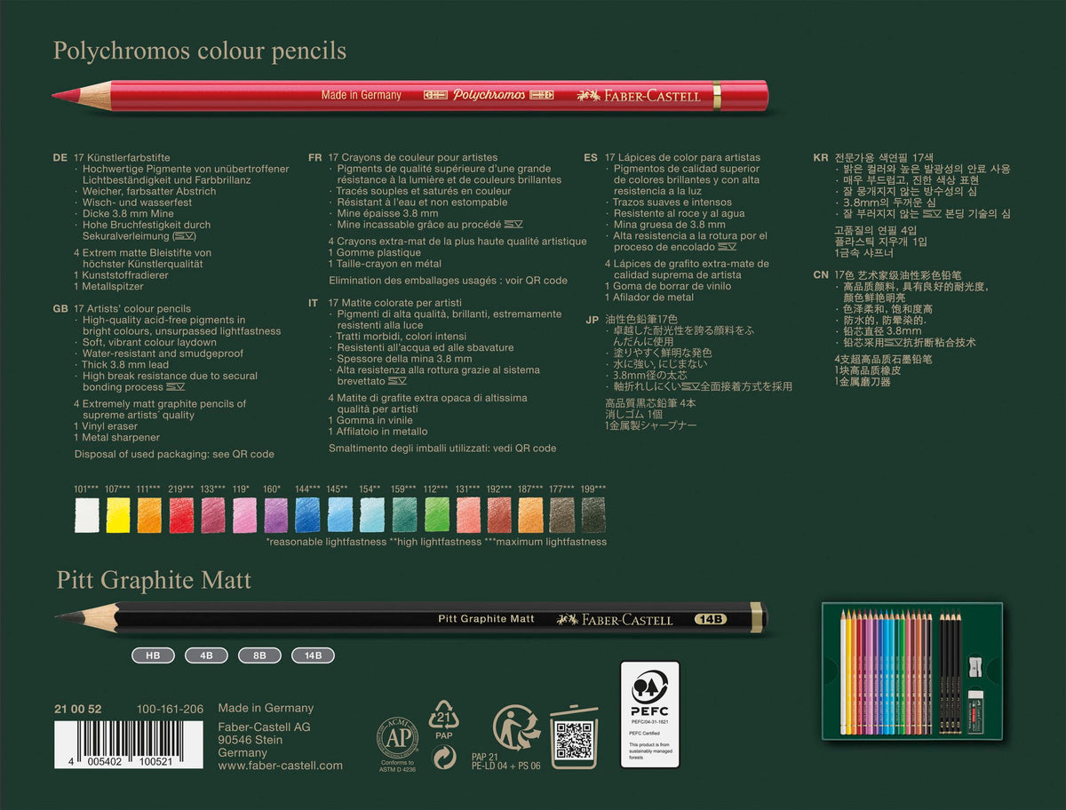 FABER-CASTELL 210052 - Set de desen din 23 de piese cu creioane și creioane colorate Polychromos Pitt Graphite Matt, inclusiv ascuțitoare și radieră - FC210052
