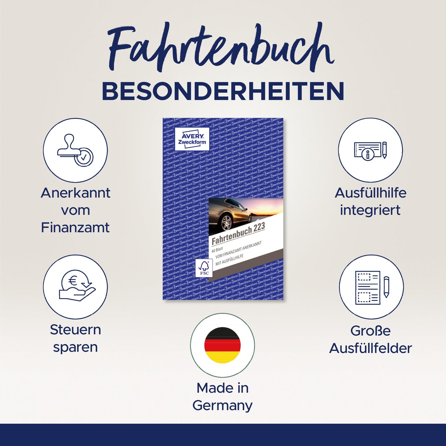 AVERY Zweckform 223-5 softcover car logbook (tax office recognized, DIN A5 210x148mm, 80 pages, 858 trips, Germany & Austria, delimitation of private/business trips) pack of 5