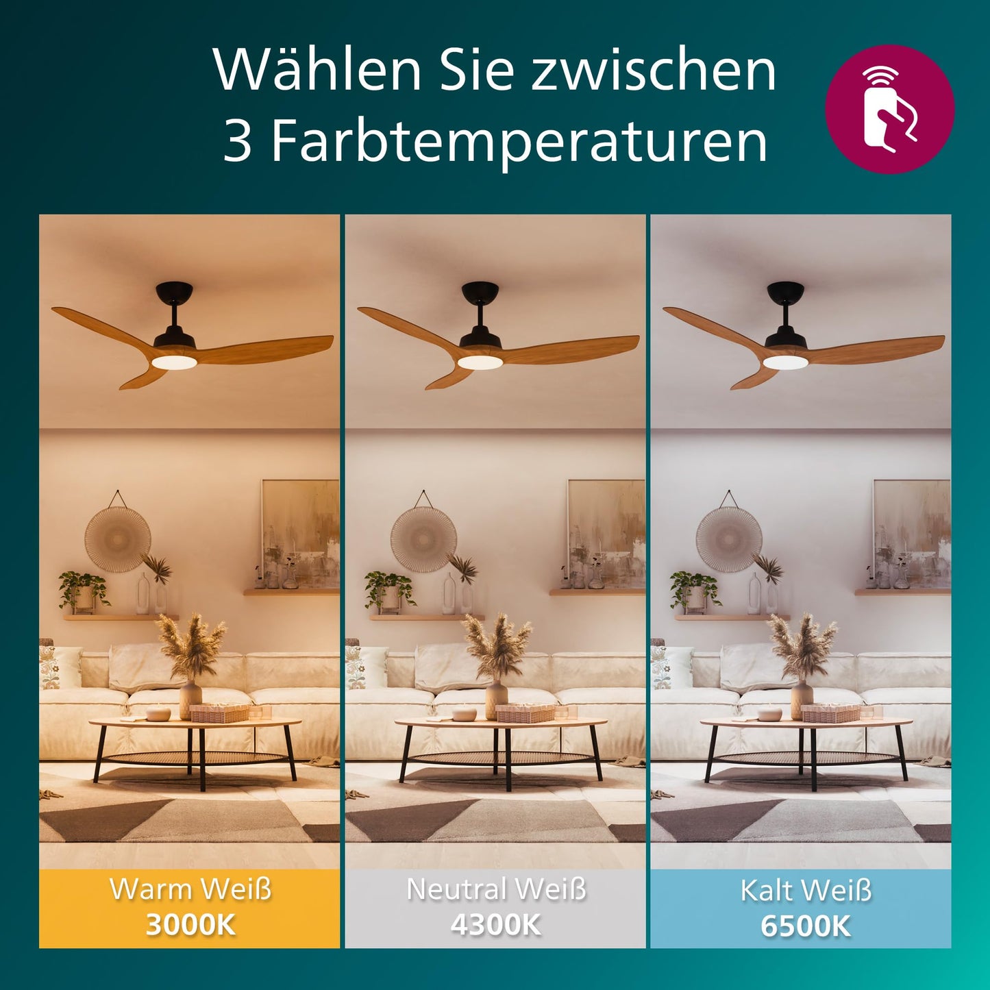 PHILIPS Olas ceiling fan, 3 blades, 132 cm diameter, DC motor, color temperature range (3000K-4300K-6500K), dimmable, including remote control, black/wood - 929004641301