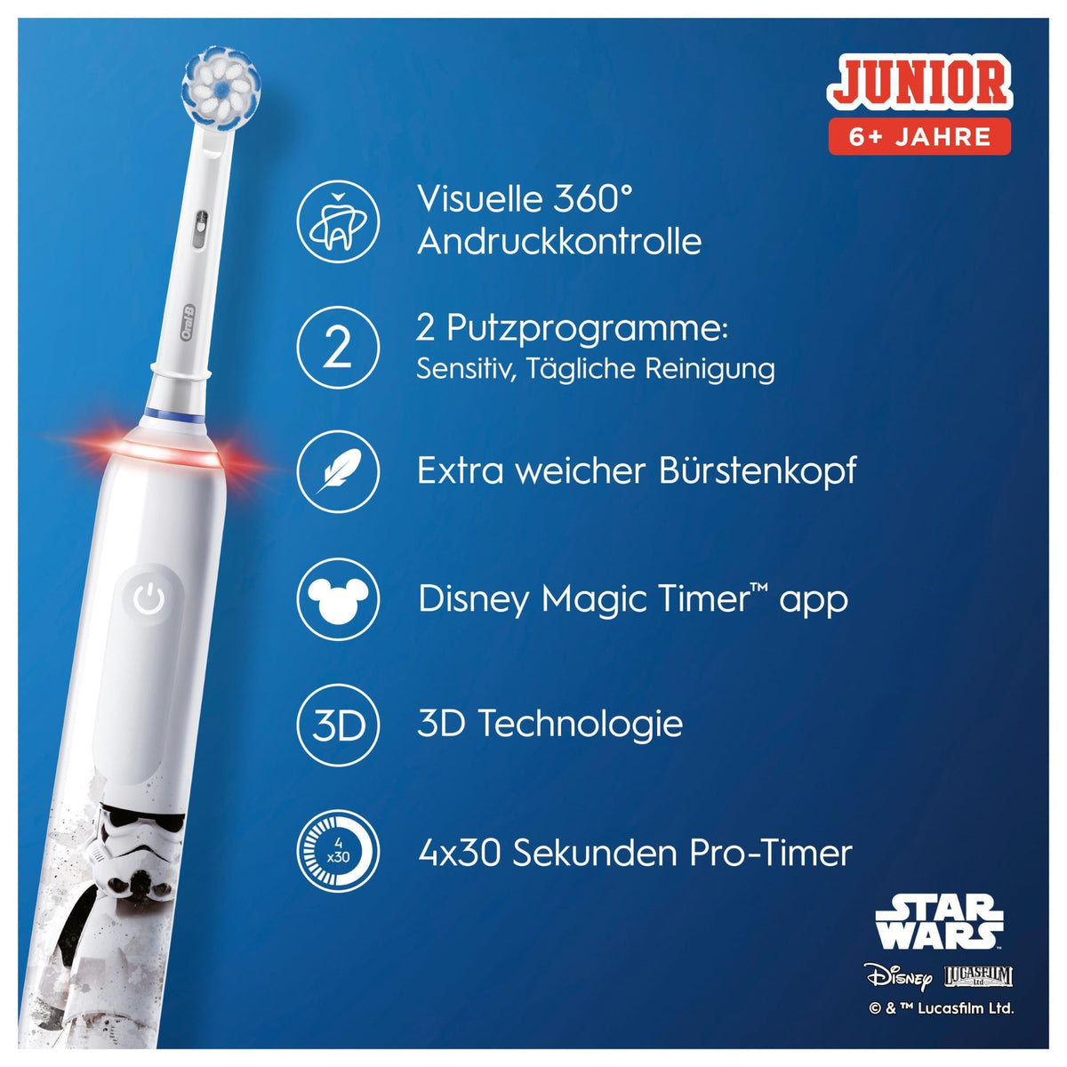 Oral-B Junior Star Wars Periuță electrică pentru copii de la 6 ani, 2 capete de periuță, control al presiunii 360°, 2 moduri de curățare inclusiv îngrijire sensibilă, peri moi, cronometru, alb - 8006540760437