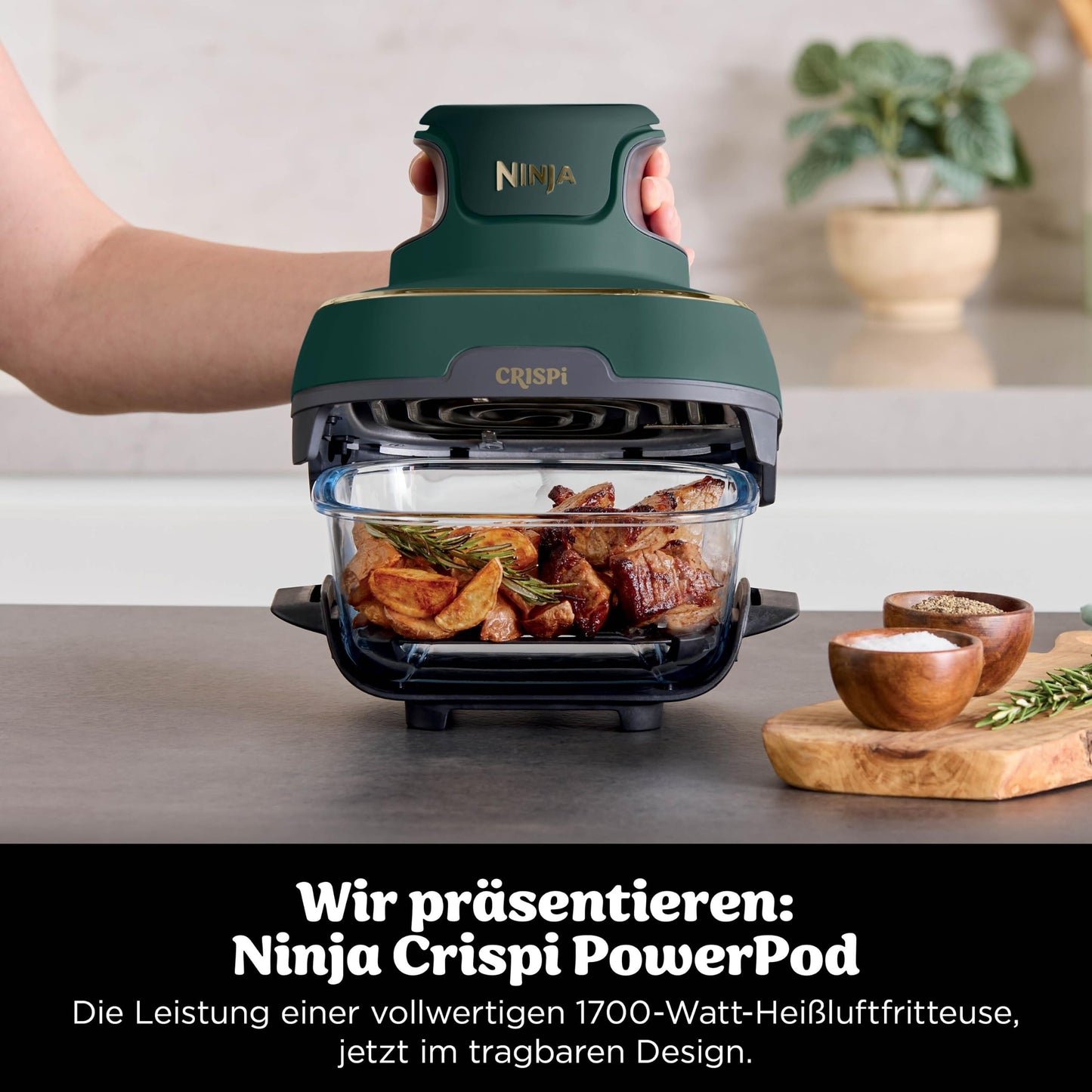 Ninja CRISPi Portable Air Fryer, 3.8L & 1.4L, 4-in-1: Air Fry, Roast, Keep Warm, Crisp, Compact, 3 Removable Glass Containers with Lids, Green FN103EUGN