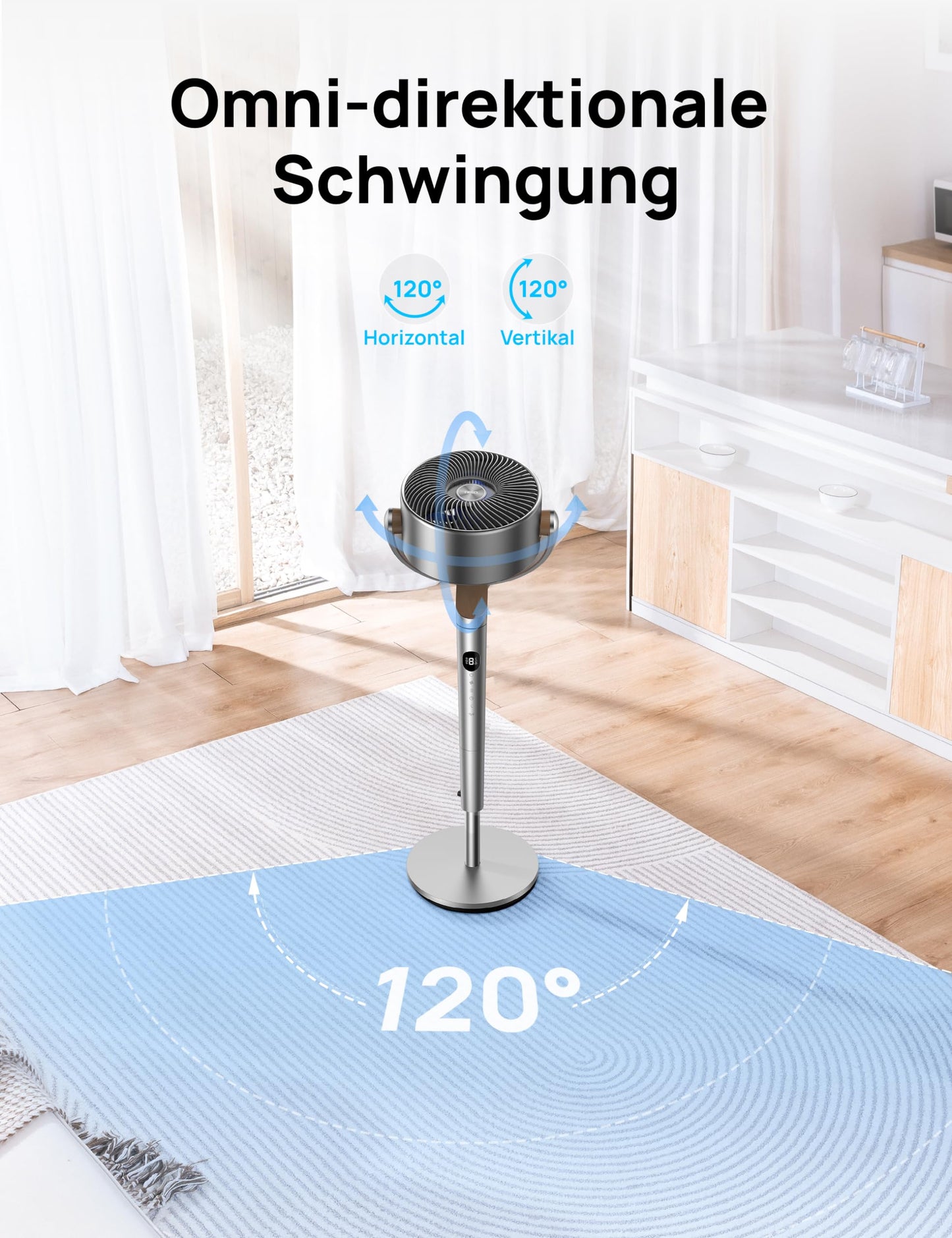 DREO 20dB quiet pedestal fan, 120°+120° omni-directional oscillating fan, 26M wind distance, 1200m³/h air volume Real turbo air circulator fans, 102CM height 3 modes 8-speed - DR-HPF002
