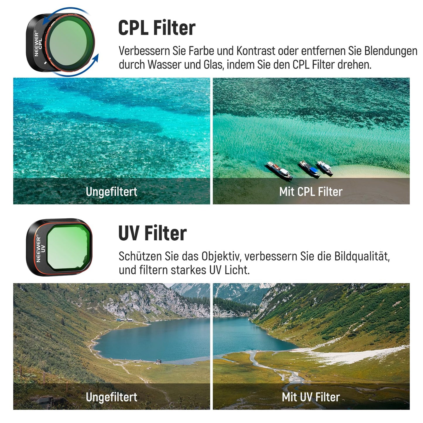 NEEWER Variable ND filter set compatible with DJI Mini 4 Pro, 4 pack ND2-ND3 (1-5 f-stops)/ND64-ND512 (6-9 f-stops) VND/CPL/UV filter drone lens accessories, optical HD glass/aluminum frame - FL-33