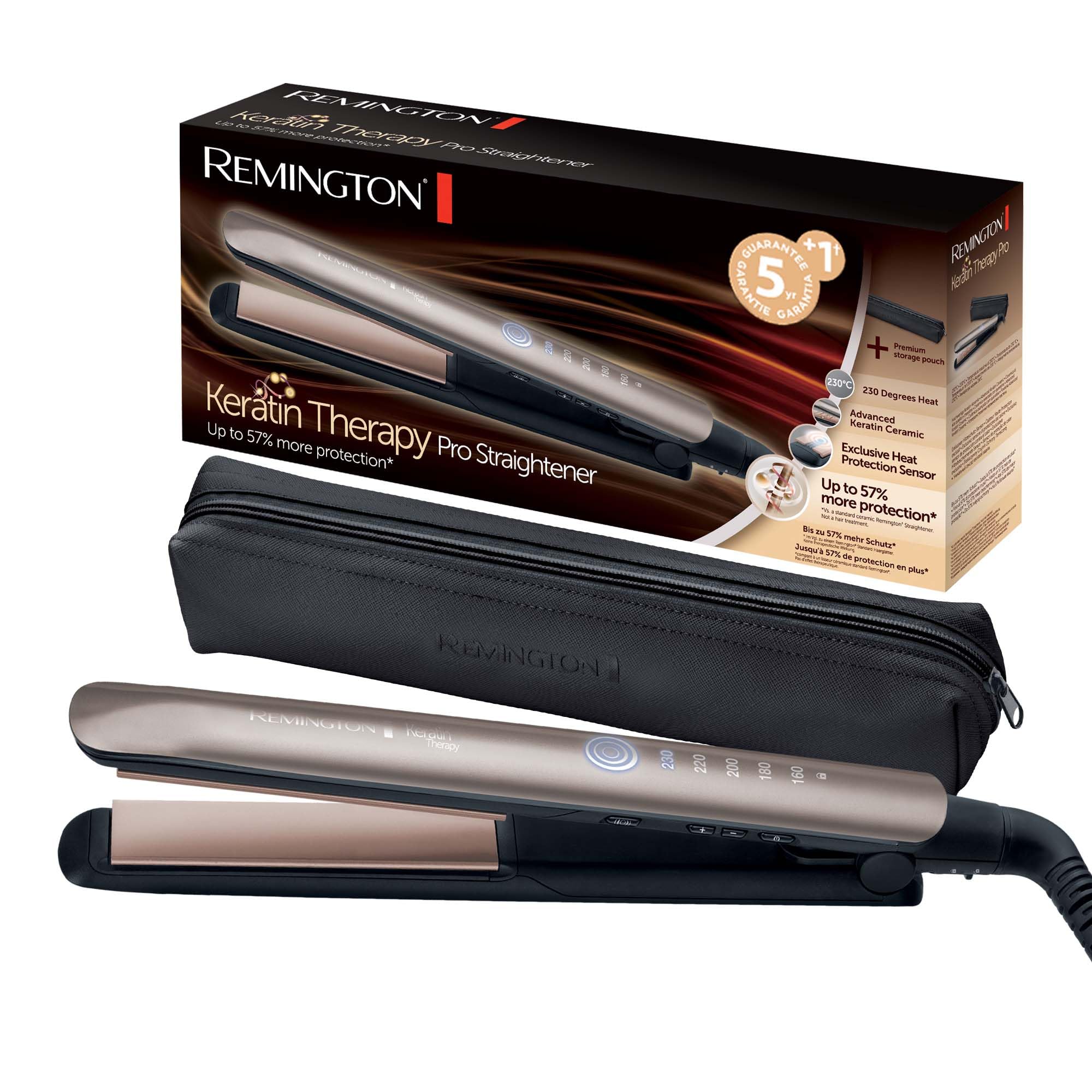Remington professional straightener [heat protection sensor to reduce hair damage] Keratin Protect (high-quality keratin ceramic coating with almond oil) digital display, 160-230°C, hair straightener S8593