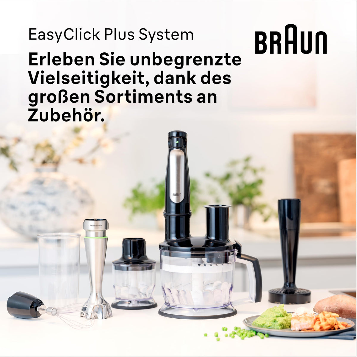 Braun MultiQuick 7 MQ 7000X Hand Blender - Immersion blender with detachable stainless steel mixing foot featuring ActiveBlade technology for pureeing the toughest ingredients, including a 600 ml mixing and measuring cup, 1000 Watts, black. - MQ7000X
