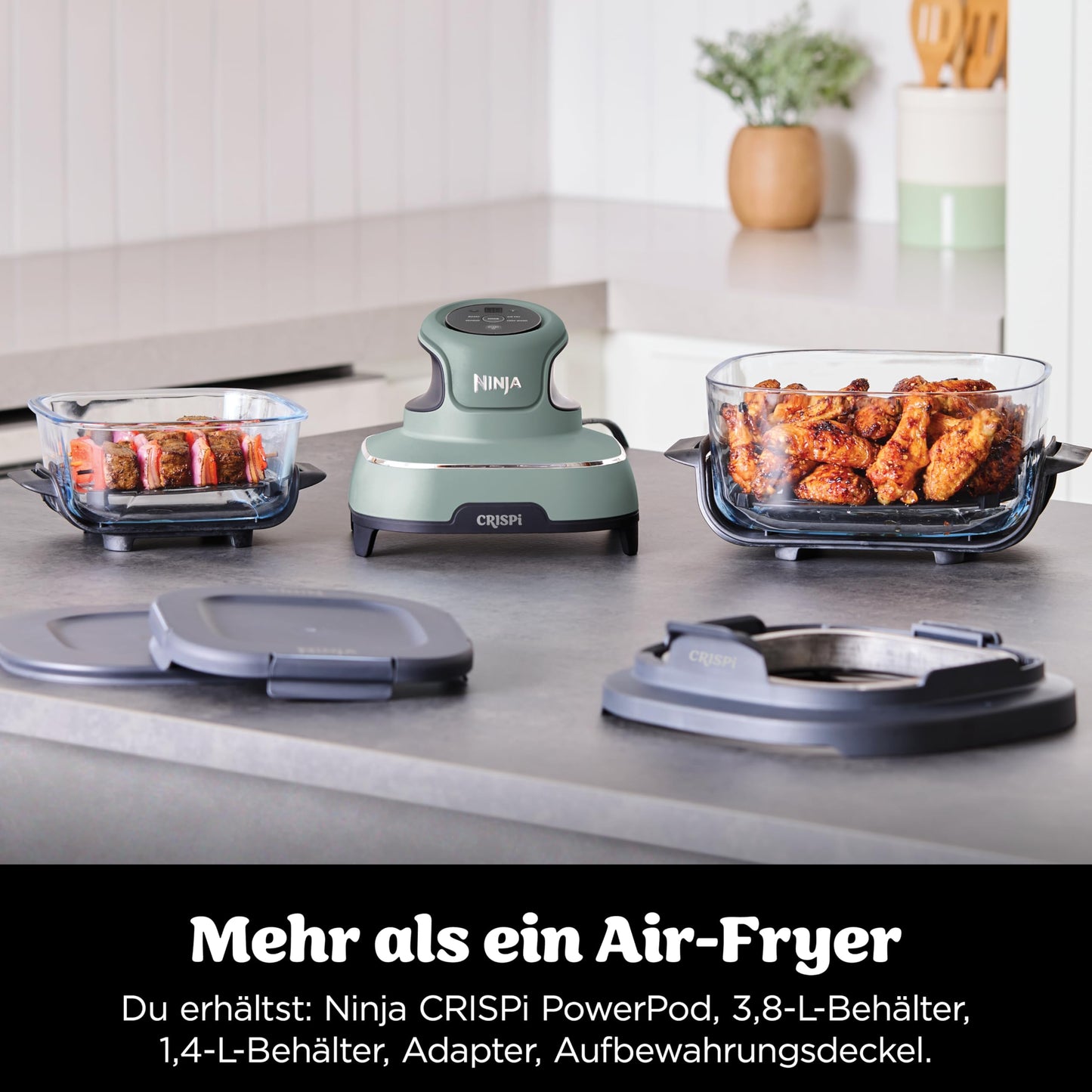 Ninja CRISPi Portable Air Fryer, 3.8L, 4-in-1: Air Frying, Roasting, Keeping Warm, Recrisp, Compact, 6 Servings, 2 Removable Glass Containers & Lids, 1700W, Sage FN101EUSG
