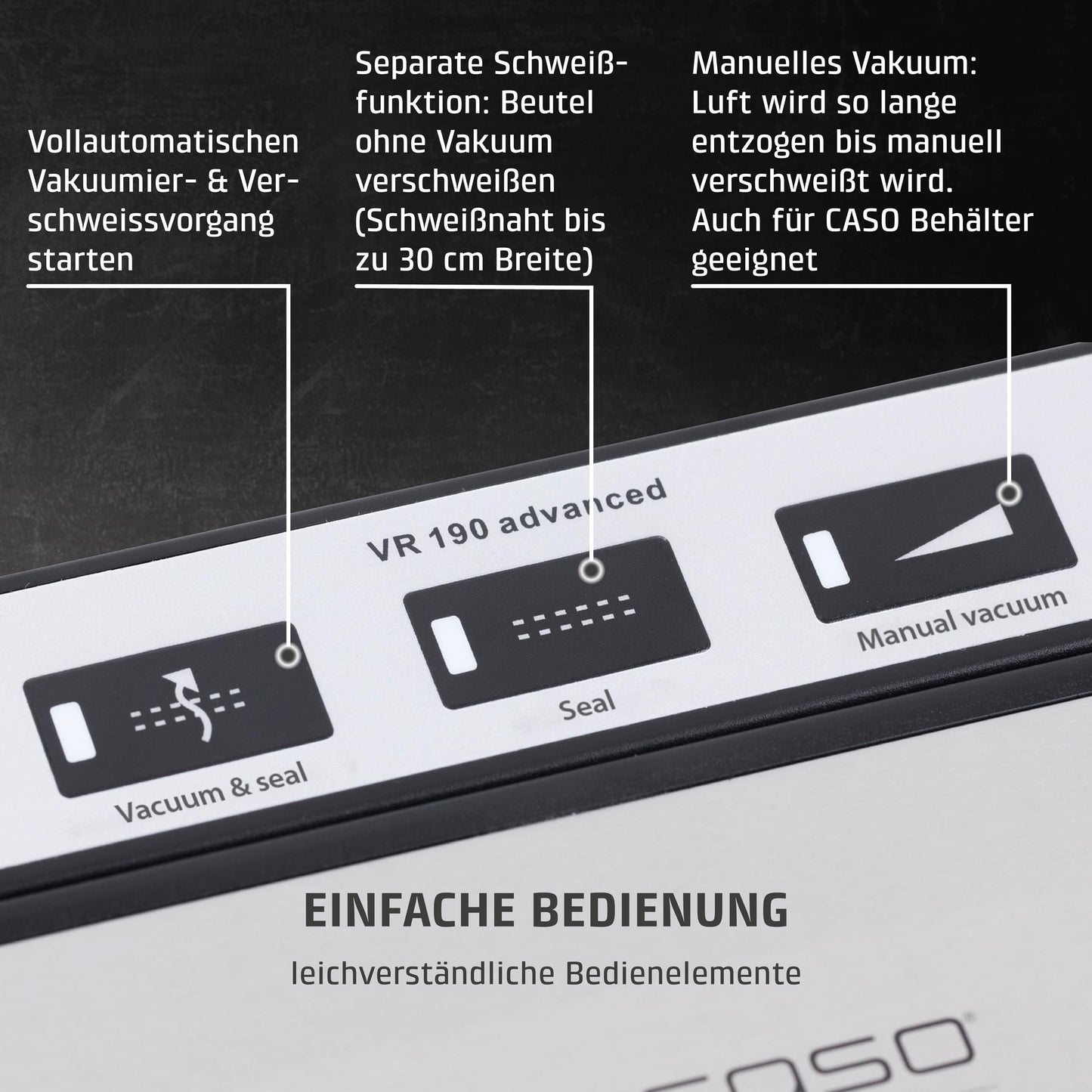 CASO VR 190 advanced vacuum sealer, test rating Very Good, film welding machine with 2.5 mm thick weld seam, up to 50 non-stop vacuum sealing processes, including 10 professional film bags - 1520