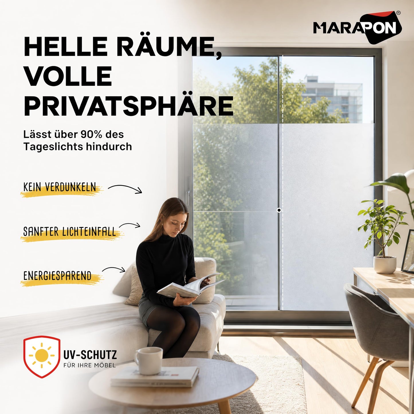 MARAPON window film opaque in matt 1.05x50 m statically adhesive privacy film window, frosted glass film window film opaque from the outside for privacy and UV protection or window decoration - M10550-WS