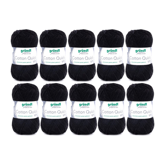 Gründl Wolle Cotton Quick uni - thin wool for crocheting - knitting yarn - crochet yarn - shiny and skin-friendly - 100% cotton - 10 balls 50 g / 125 m - needle size 3-4 - black - 865-11
