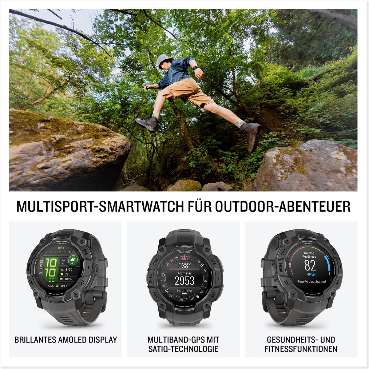 Garmin Instinct 3 50mm AMOLED – GPS Multisport Smartwatch, 1.3" AMOLED display, up to 24 days battery life, 80+ sport apps, health coach, multi-satellite reception, LED flashlight, notifications - 010-03020-00