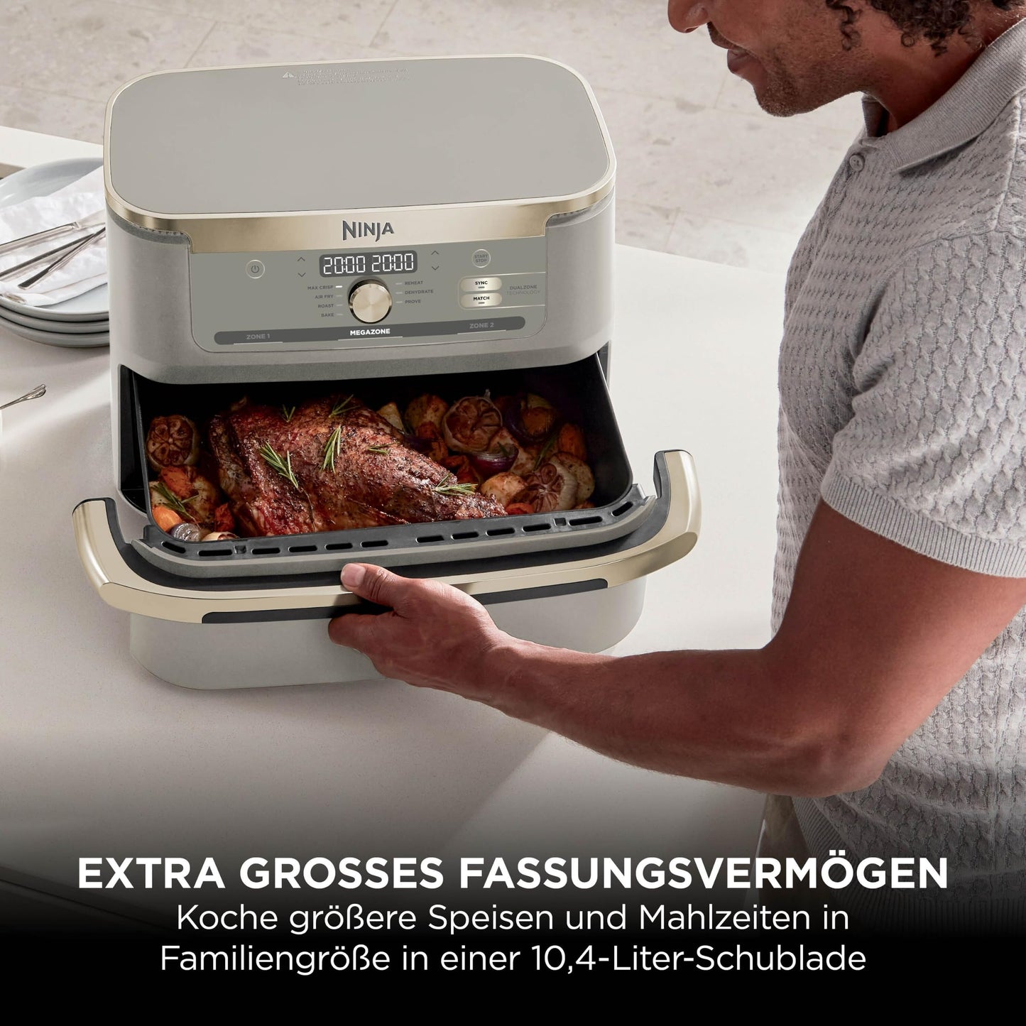 Ninja Foodi FlexDrawer Air Fryer, Dual Zone, Converts to MegaZone, 10.4L, Dual Zone, with Little to No Oil, Non-Stick, Dishwasher Safe Parts, Stone Gold AF500EUSD
