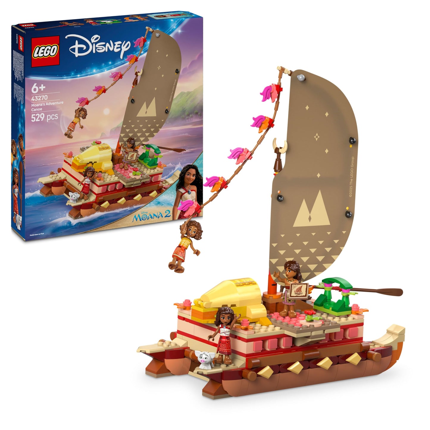 LEGO ǀ Disney Moana 2: Moana's Adventure Raft - toy boat with textile sail, removable deck, campfire & 3 minifigures, including Loto and Moni - gift for girls aged 6 and over & fans - 43270