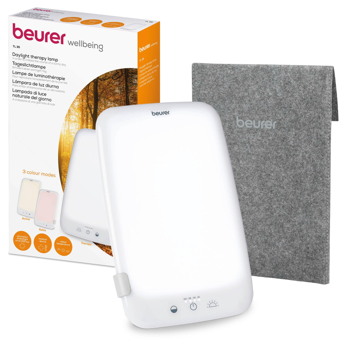 Beurer TL 35 Daylight Lamp, simulates daylight with 3 color temperatures for a regulated day-night rhythm, 10,000 Lux, medical device, detachable stand, with dimmer, white. - 10065