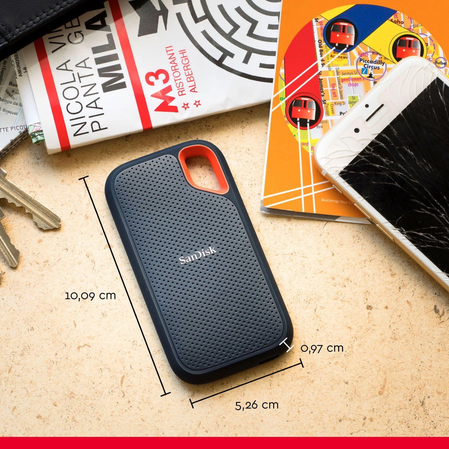 SANDISK Extreme Portable SSD 500GB (Portable NVMe SSD, USB-C, up to 1,050 MB/s Read, up to 1,000 MB/s Write, Water and Dust Resistant) Black - SDSSDE61-500G-G25