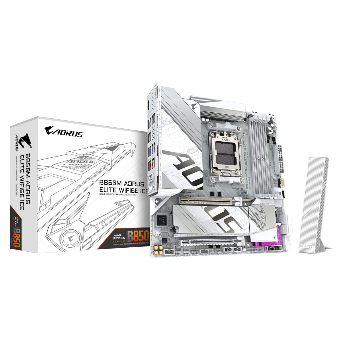 GIGABYTE B850M AORUS Elite WIFI6E Ice Motherboard - Compatible with AMD Ryzen 9000 Series CPUs, featuring a 12+2+1 Phase Digital VRM, supports up to 8200MHz DDR5 (OC), 1x PCIe 5.0 + 1x PCIe 4.0 M.2, 2.5 LAN, WiFi 7, USB 3.2 Gen 2.