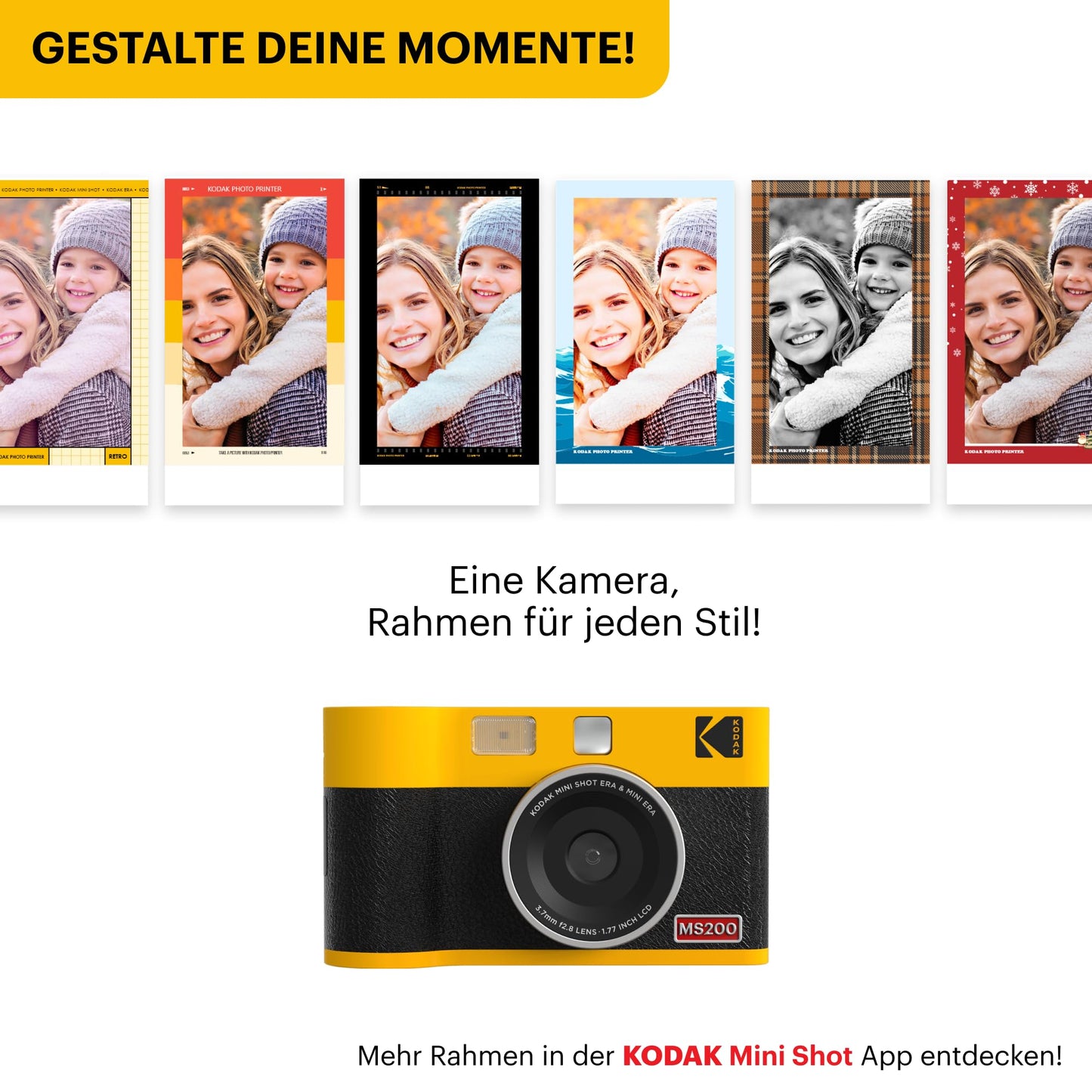 Kodak Mini Shot 2 ERA 4PASS 2-in-1 instant camera and photo printer (5.3x8.6cm) (photo printer + 8 sheets, yellow) - MS200