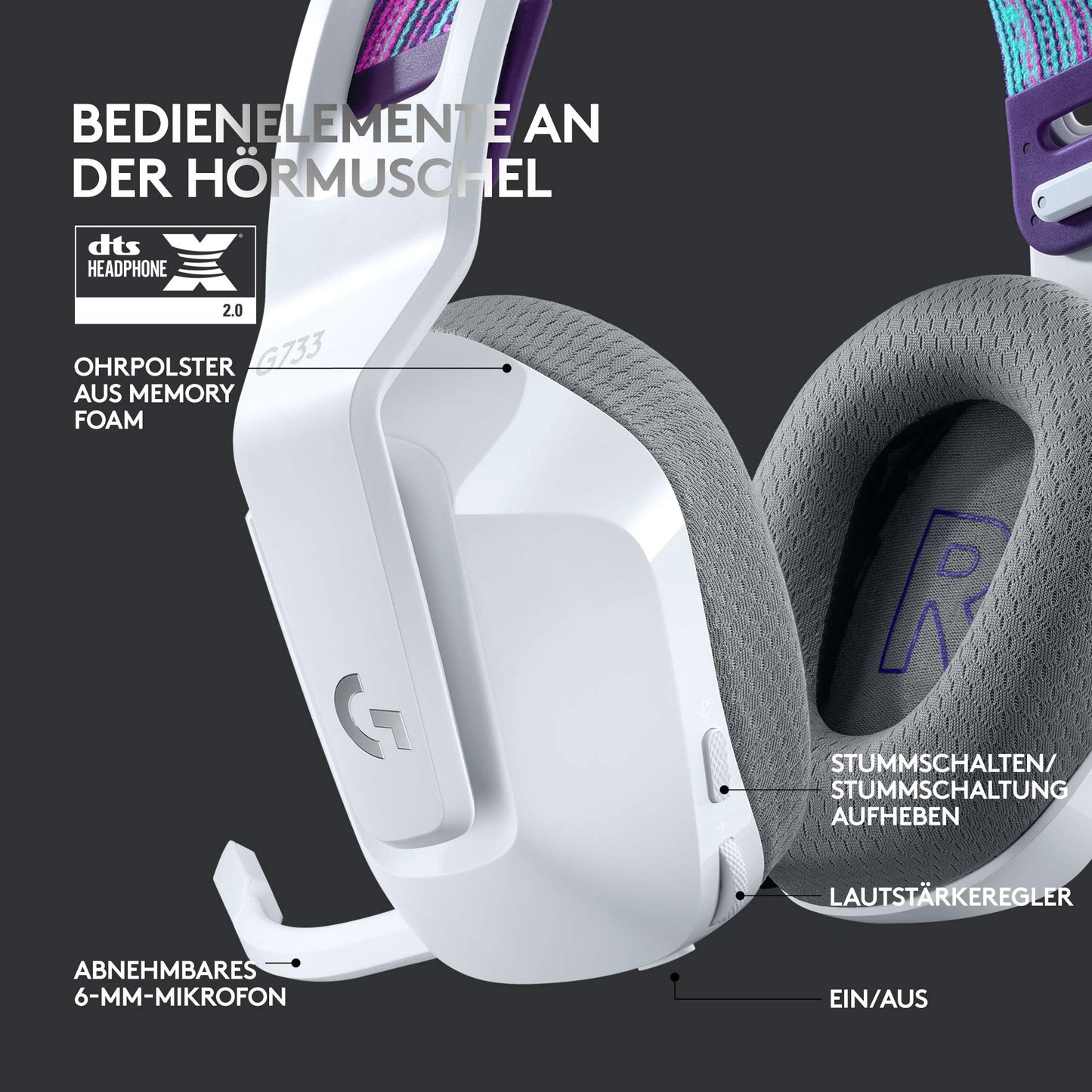 Logitech G733 LIGHTSPEED wireless gaming headset with headband, LIGHTSYNC RGB, Blue VO!CE microphone technology, PRO G speakers, ultralight, 29-hour battery life, 20m range - white - 981-000883