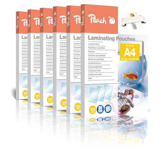 Peach laminating film A4-125 mic - 6x 100 pieces - glossy - suitable for all laminating machines - PP525-02 - PP525-02P