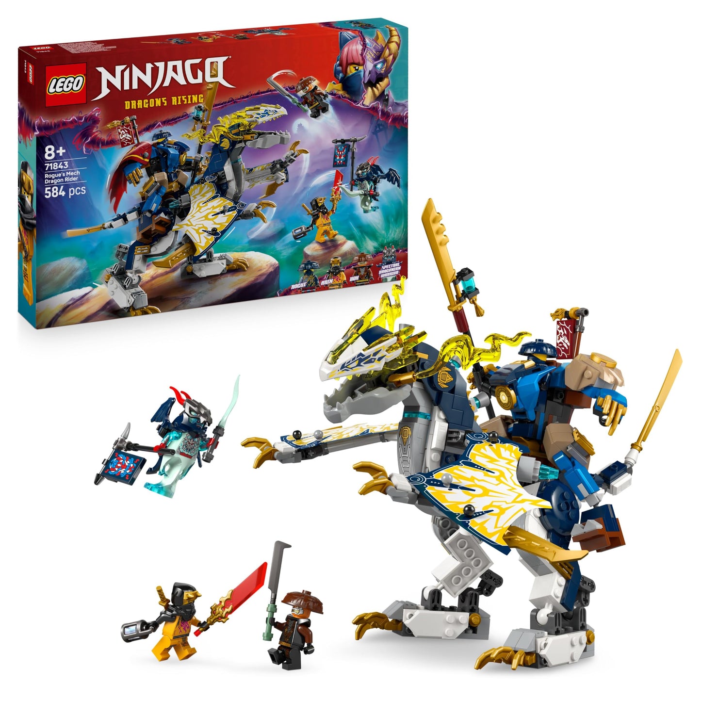 LEGO NINJAGO Rogues Mech Dragon Rider - Ninja toy with dragon, 4 minifigures and equipment - gift idea for boys and fans of Rise of Dragons aged 8 and up - 71843