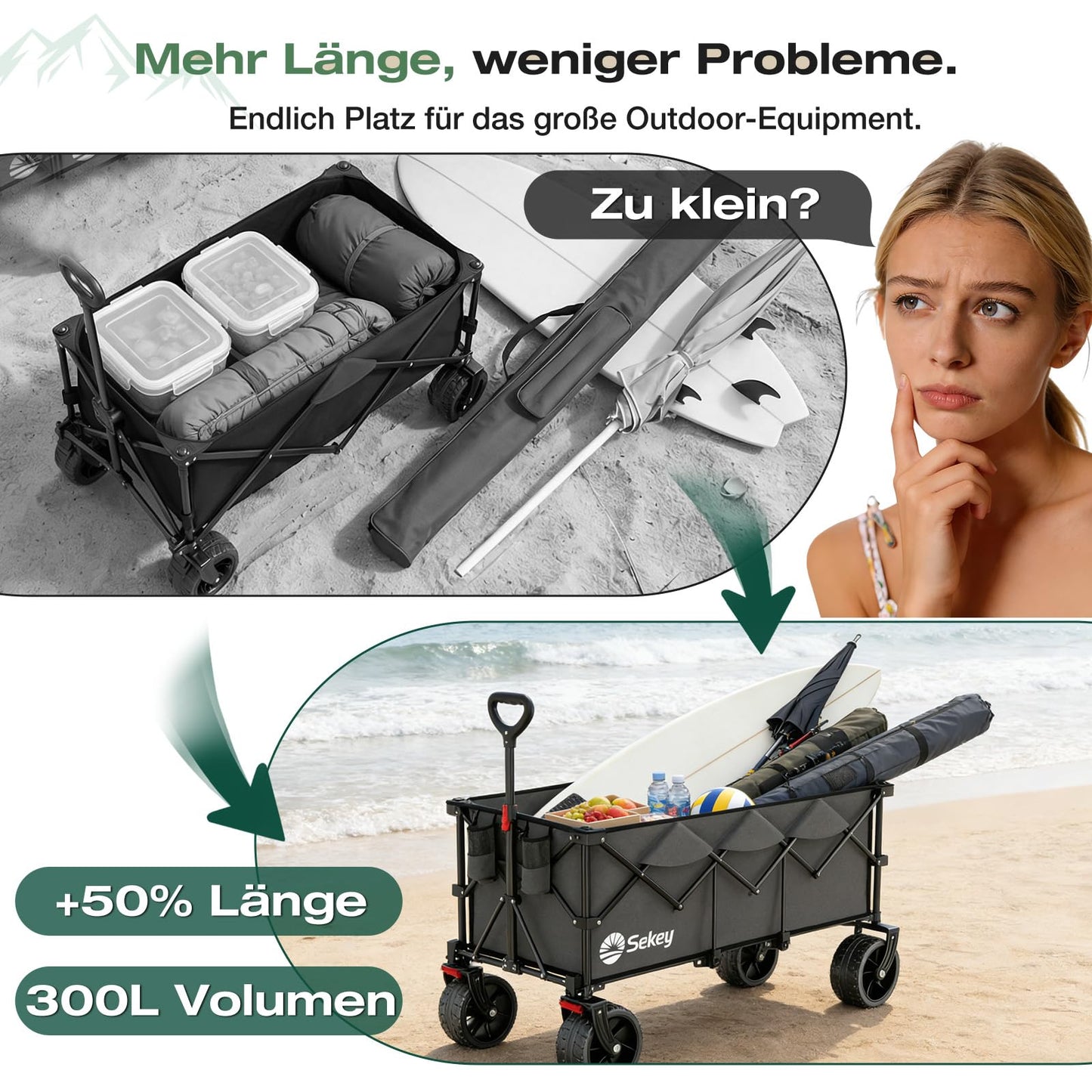 Sekey XXXL Handcart Foldable 300L 200KG Heavy Duty, Extended Folding Handcart with Extra Width 17x10 cm All-Terrain Wheels Handcart, Patented 4-Way Instant Assembly Transport Cart, Anthracite - FW36-1