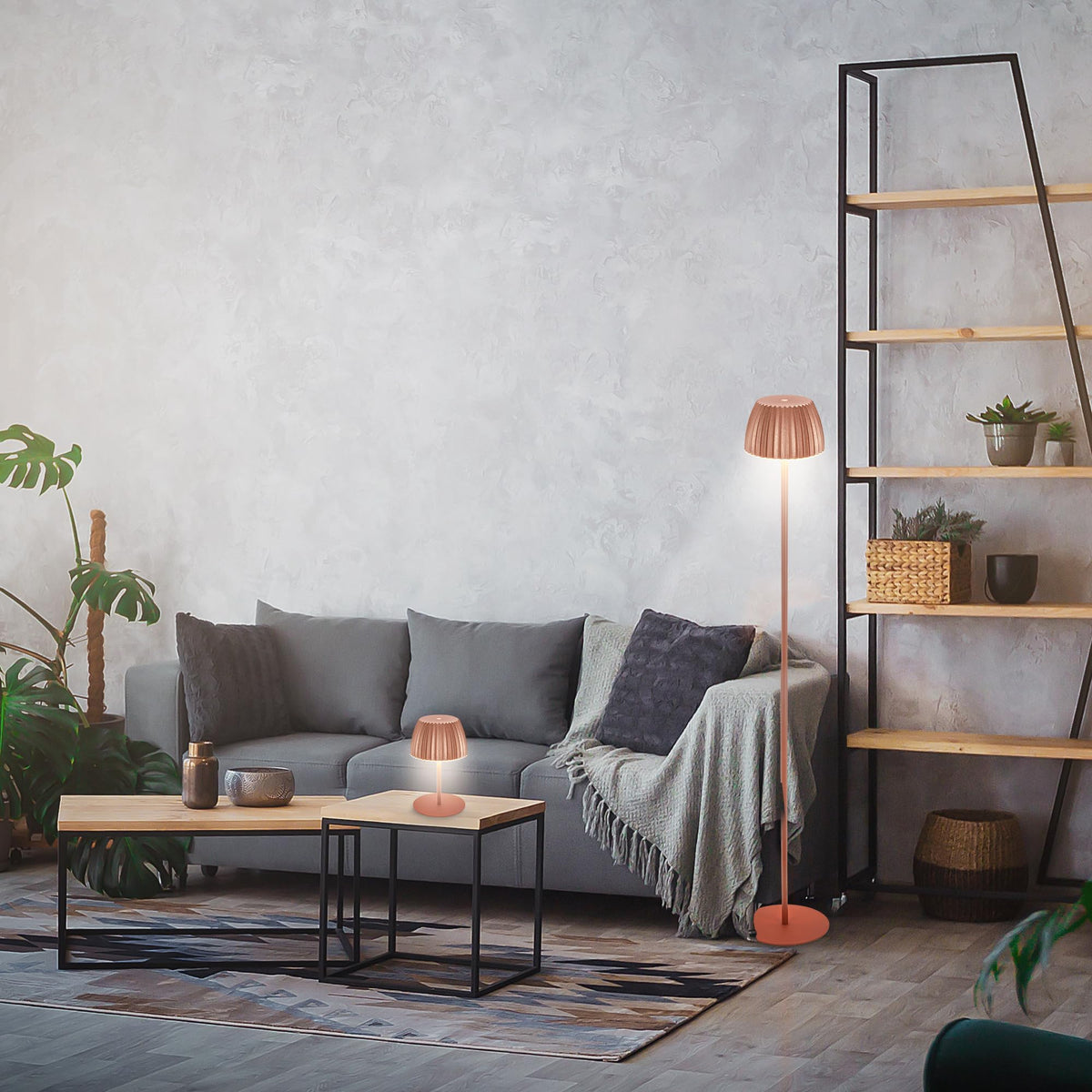 BRILONER - Riffle LED floor lamp wireless IP44 with touch, dimmable, memory function, replaceable battery, battery floor lamp, reading lamp, living room lamp, German Design Award Winner, 19x124 cm, copper color - 1238013