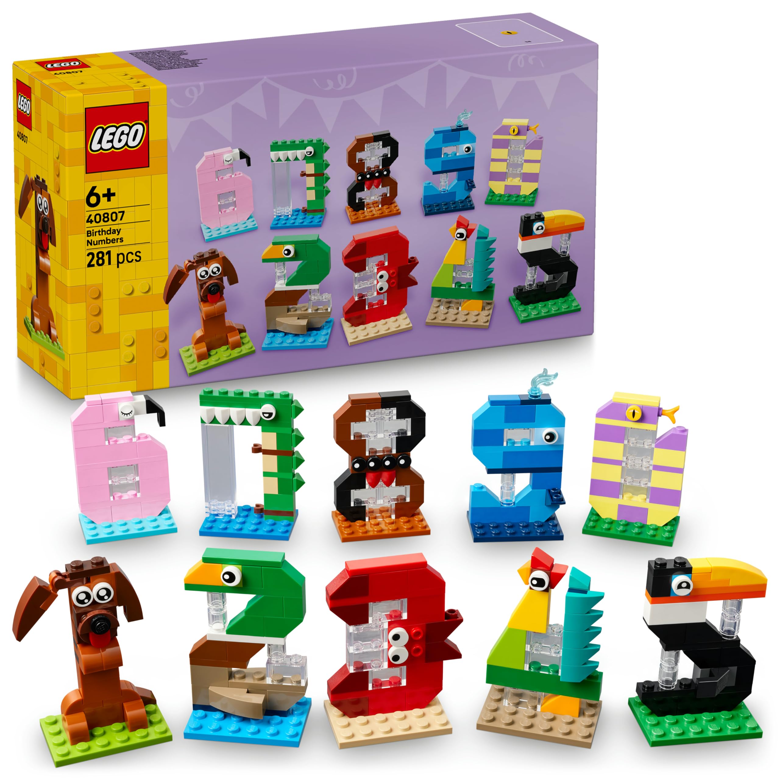 LEGO birthday numbers - cake topper with animals including dog, spider and whale - table and party decoration or counting game - gift idea for boys and girls aged 6 and over - 40807