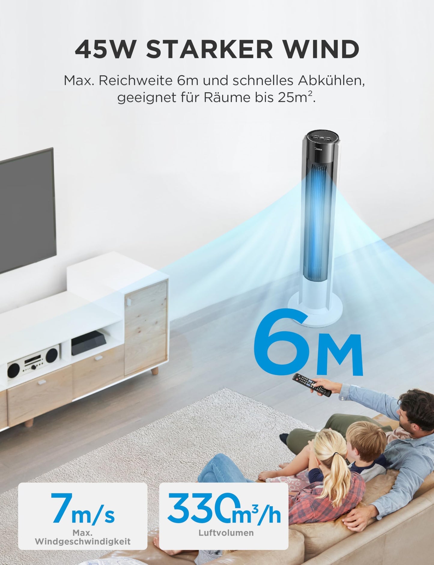 Midea FZ10-19BRA tower fan, robust copper motor, internal air supply, remote control, 7 hour timer, touch and control panel display, three modes and three speeds to choose from