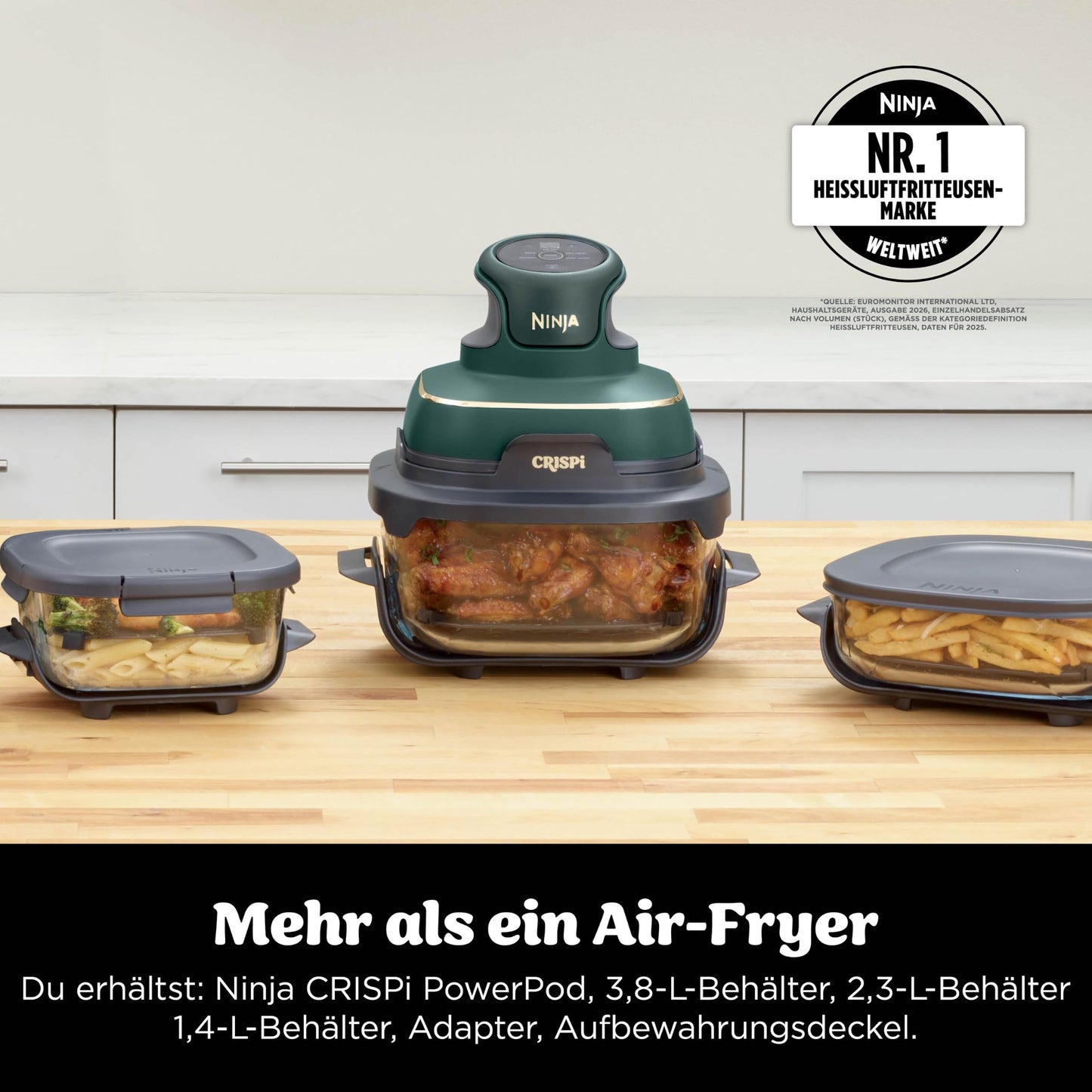 Ninja CRISPi Portable Air Fryer, 3.8L & 1.4L, 4-in-1: Air Fry, Roast, Keep Warm, Crisp, Compact, 3 Removable Glass Containers with Lids, Green FN103EUGN