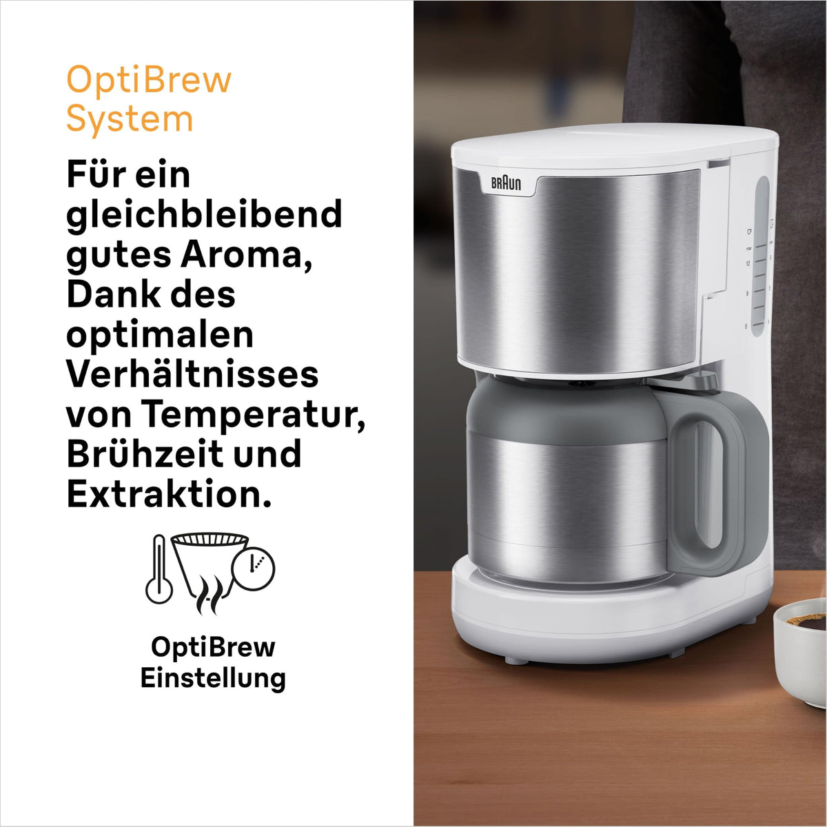 Braun PurShine KF1505 WH Filter Coffee Machine, 1.2L Stainless Steel Thermal Carafe for up to 9 cups, OptiBrew System, Drip Stop Function, Swivel Filter Basket, Automatic Shut-off, 1000W, White - KF1505WH