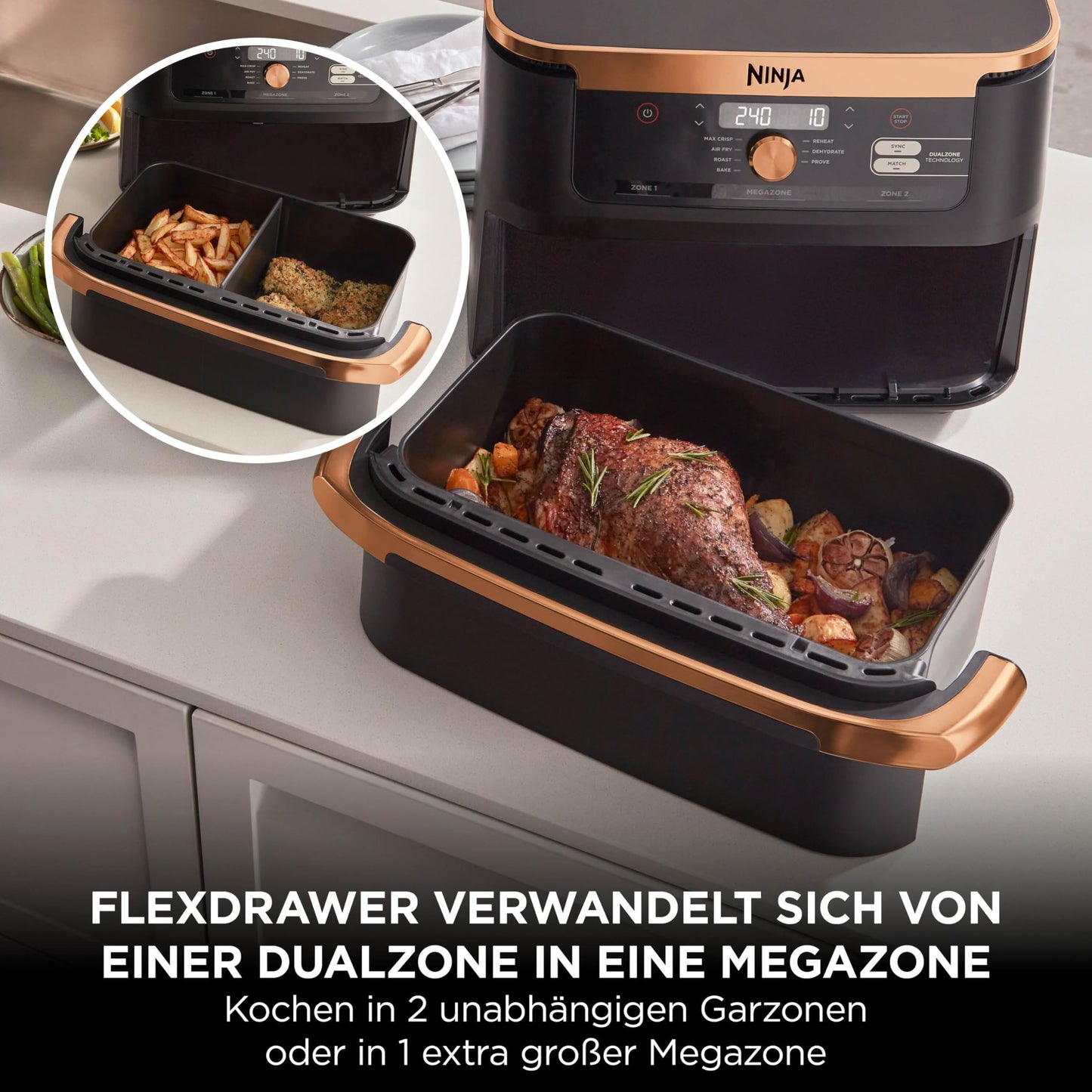Ninja Foodi FlexDrawer Dual Zone Air Fryer, Air Fryer with 10.4 Compartment and Removable Divider, Non-Stick Coating, Dishwasher Safe Basket, 7-in-1, Black & Copper, AF500EUCP
