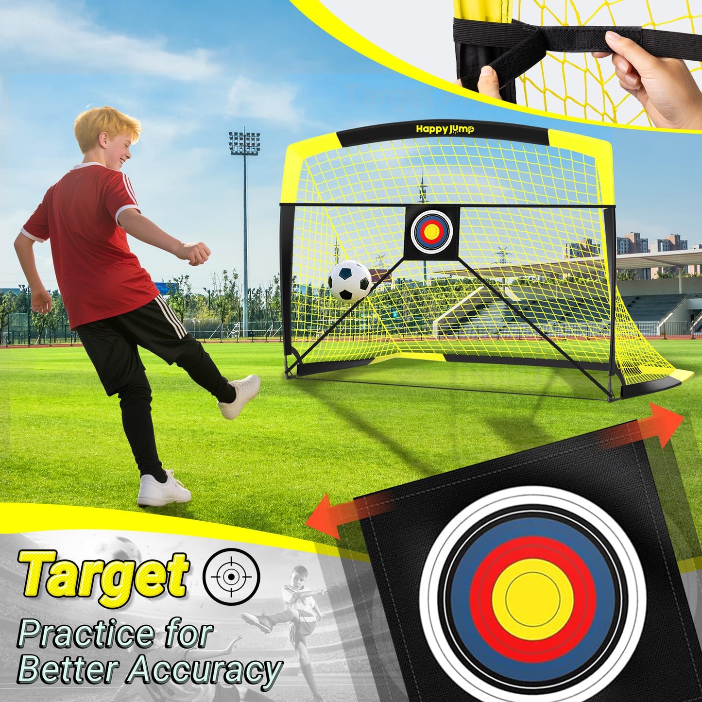 Happy Jump Pop-Up Football Goals - 213x152 cm, 2 goals, black yellow with ball, pump, cone & target | Complete training set for garden & family - Z2500900BQ1