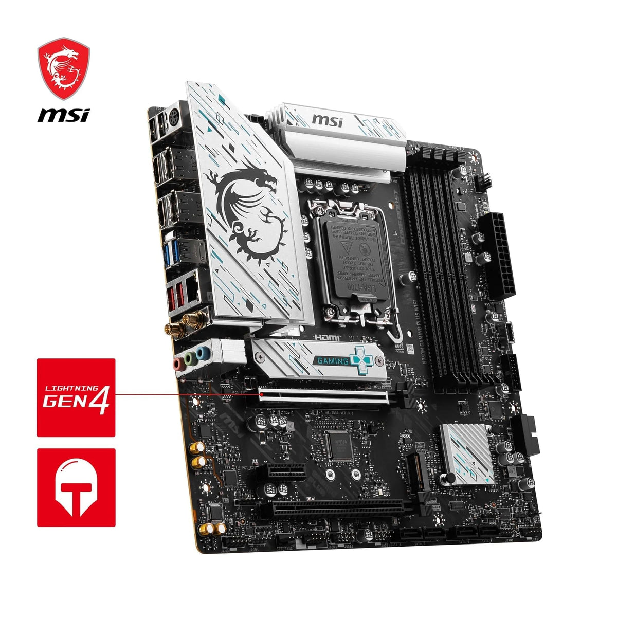 Placa de bază MSI B760M Gaming Plus WiFi, mATX - Suportă procesoare Intel Core din generațiile a 14-a, a 13-a și a 12-a, LGA 1700 - DDR5 6800+MHz/OC, 1x PCIe 4.0 x16, 2 x M.2 Gen4, LAN 2.5G, Wi-Fi 6E - 7D99-017R
