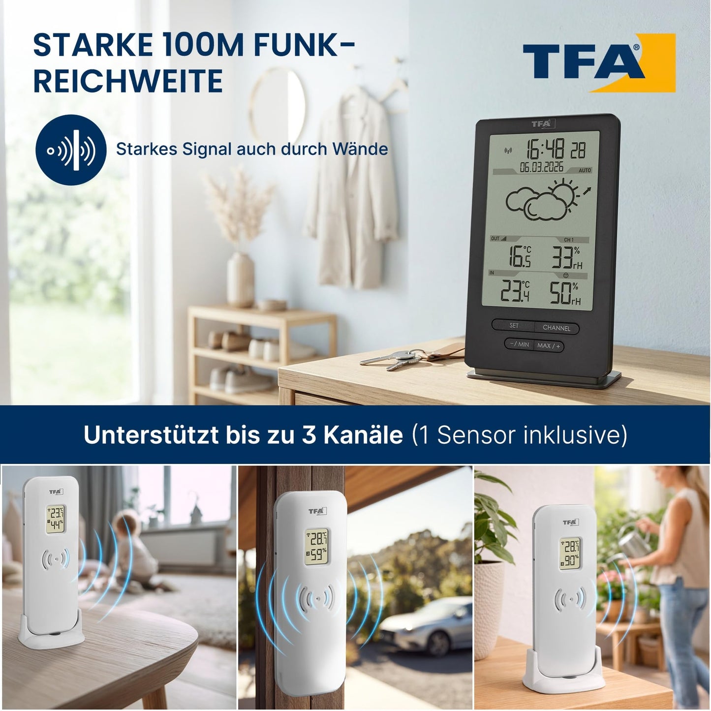 TFA Dostmann digital radio weather station with outdoor sensor, 35.1162.10, indoor and outdoor climate, with transmitter, weather forecast, including radio clock, temperature/humidity, Amazon exclusive, gray