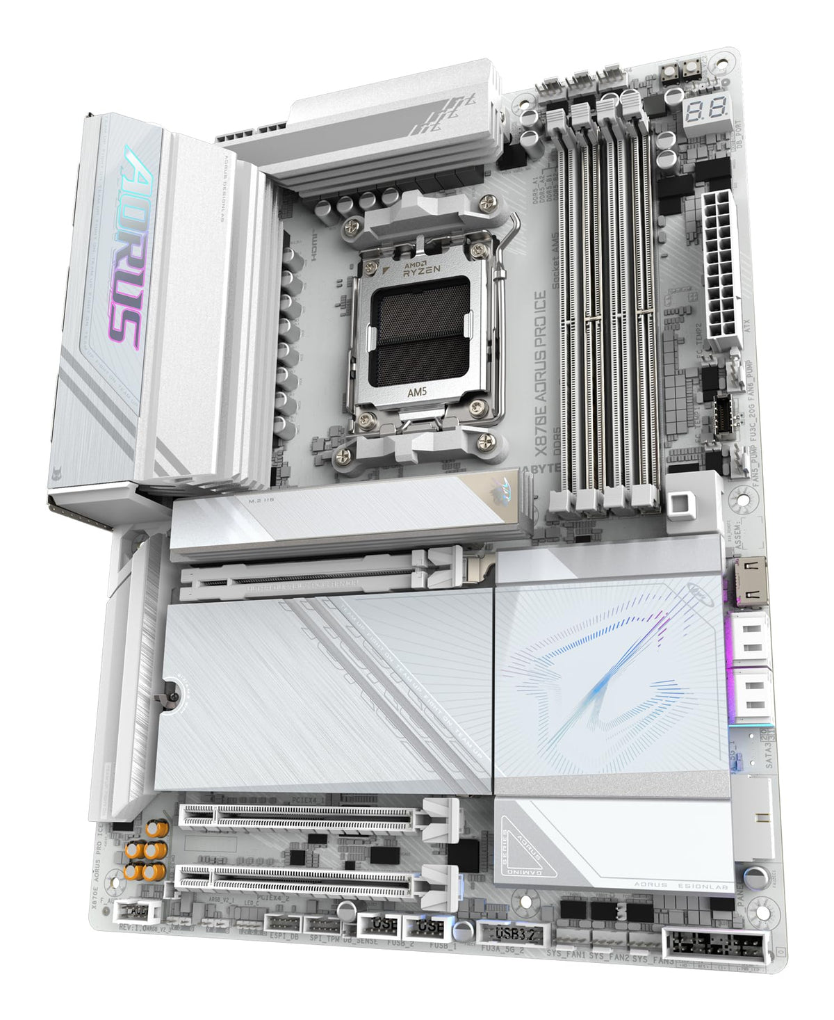GIGABYTE X870E AORUS PRO Ice-Placă de bază - Suportă procesoare AMD Ryzen 9000, 16+2+2 faze Digital-VRM, până la 8000MHz DDR5 (OC), 3xPCIe 5.0, Wi-Fi 7, LAN 2.5GbE, USB 4