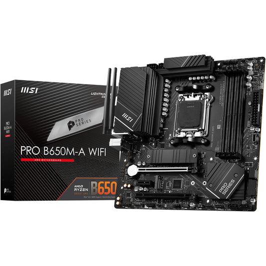 MSI PRO B650M-A WiFi Motherboard, Micro-ATX - Supports Ryzen 9000, 8000 & 7000 Series Processors, AM5 - DDR5 Memory Boost 6400+MHz/OC, 2 x PCIe 4.0 x16, 2 x M.2 Gen4, Wi-Fi 6E - 7D77-001R