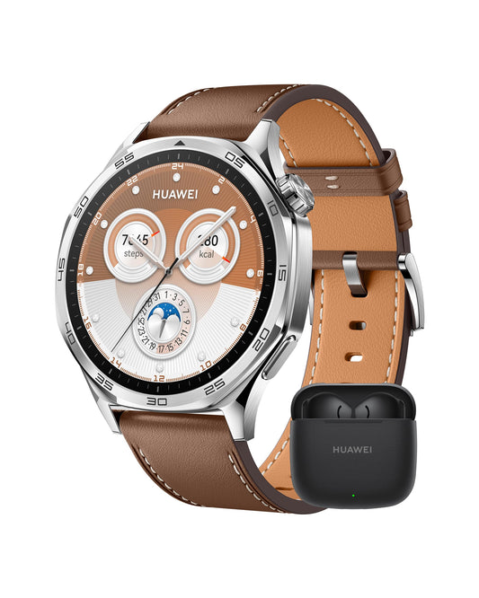 HUAWEI Watch GT 5 Smartwatch + FreeBuds SE 3, GPS fitness watch, sleep tracker, running and cycling features, health monitoring, up to 14 days battery life, compatible with iOS & Android, 46 mm, brown