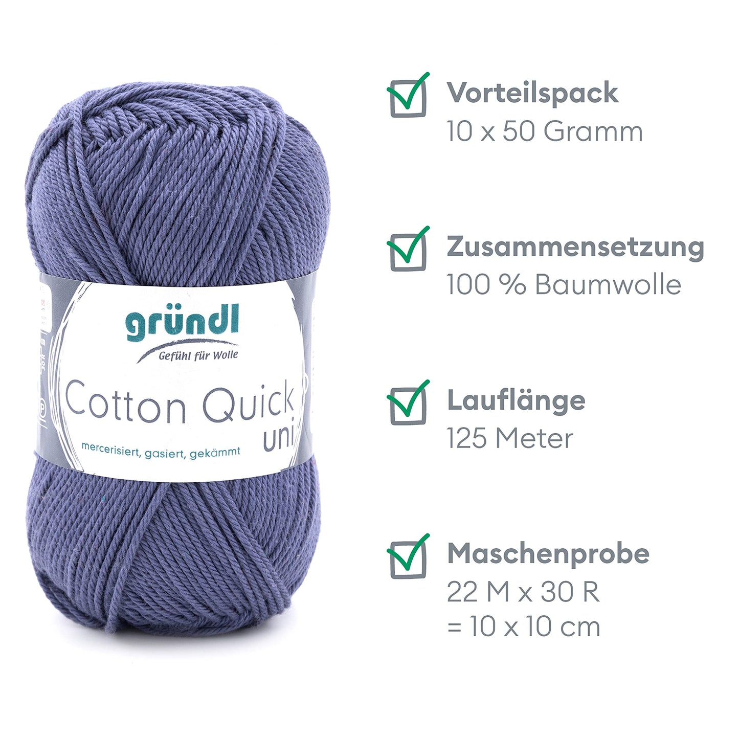 Gründl Wolle Cotton Quick uni - thin wool for crocheting - knitting yarn - crochet yarn - shiny and skin-friendly - 100% cotton - 10 balls 50 g / 125 m - needle size 3-4 - gray blue - 865-137